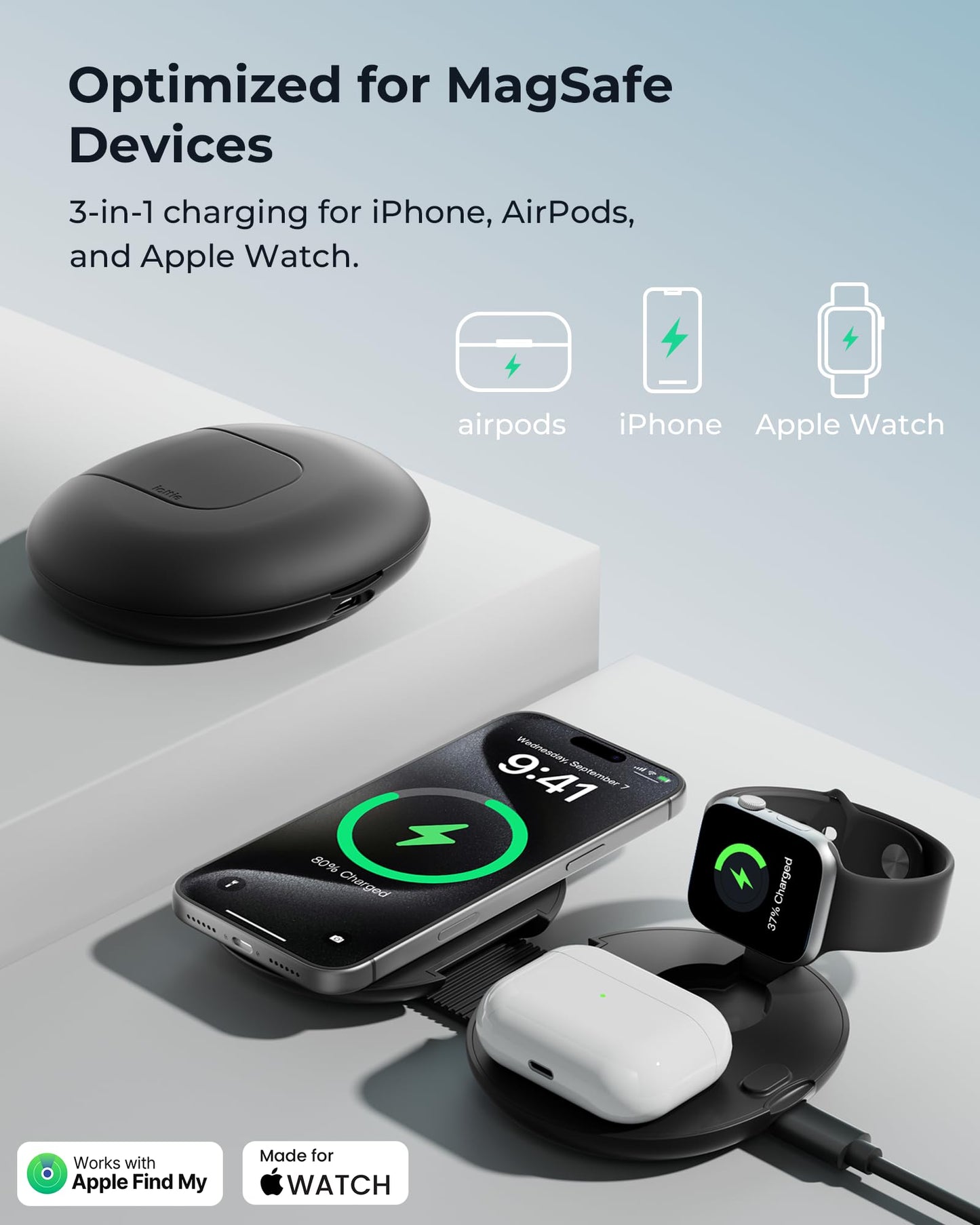 iOttie Velox Qi2.2 Wireless Charging Pad with Built-in FindMy, 4-in-1 Foldable 25W Fast Charger for MagSafe iPhone 17/16, Apple Watch, AirPods (Incl