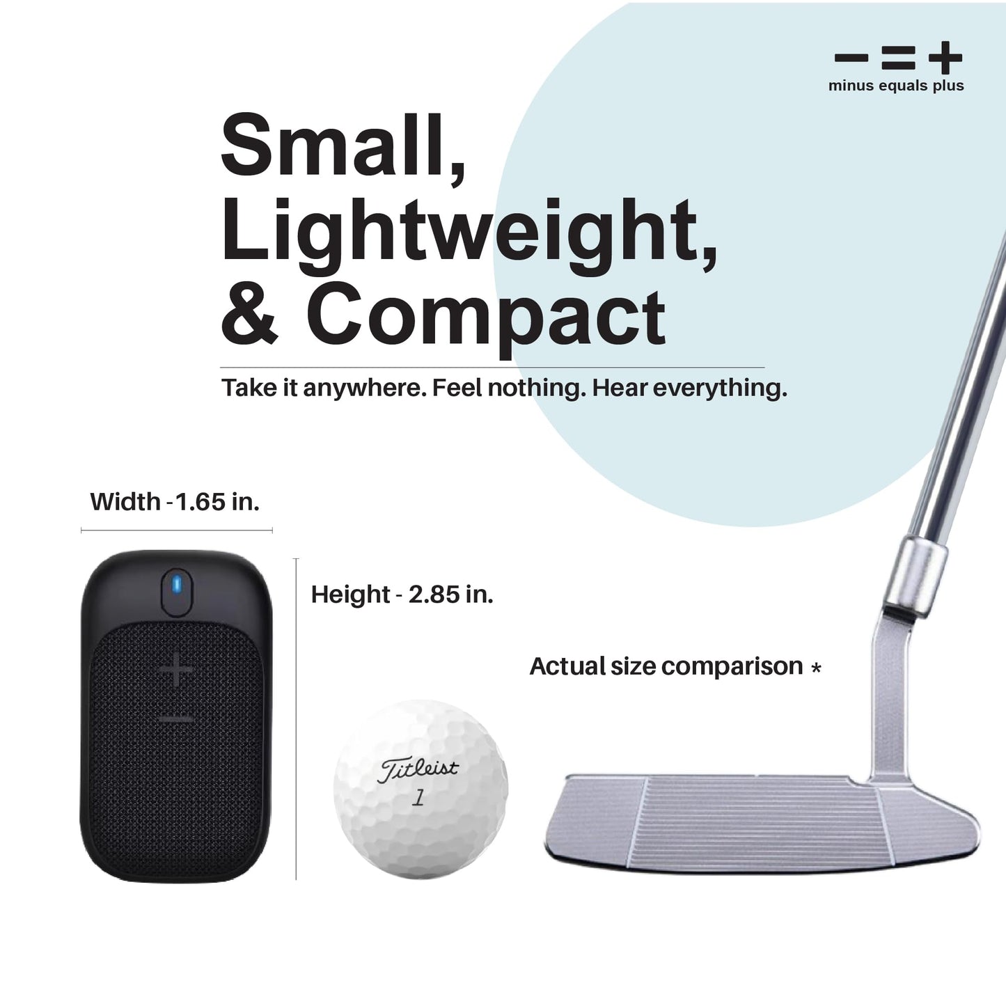MINUS EQUALS PLUS - = + Golf Speaker/Wireless Wearable Bluetooth Speaker/Portable/Clip on/Up to 18hrs of Battery Life/Built-in Mic for Hands-Free