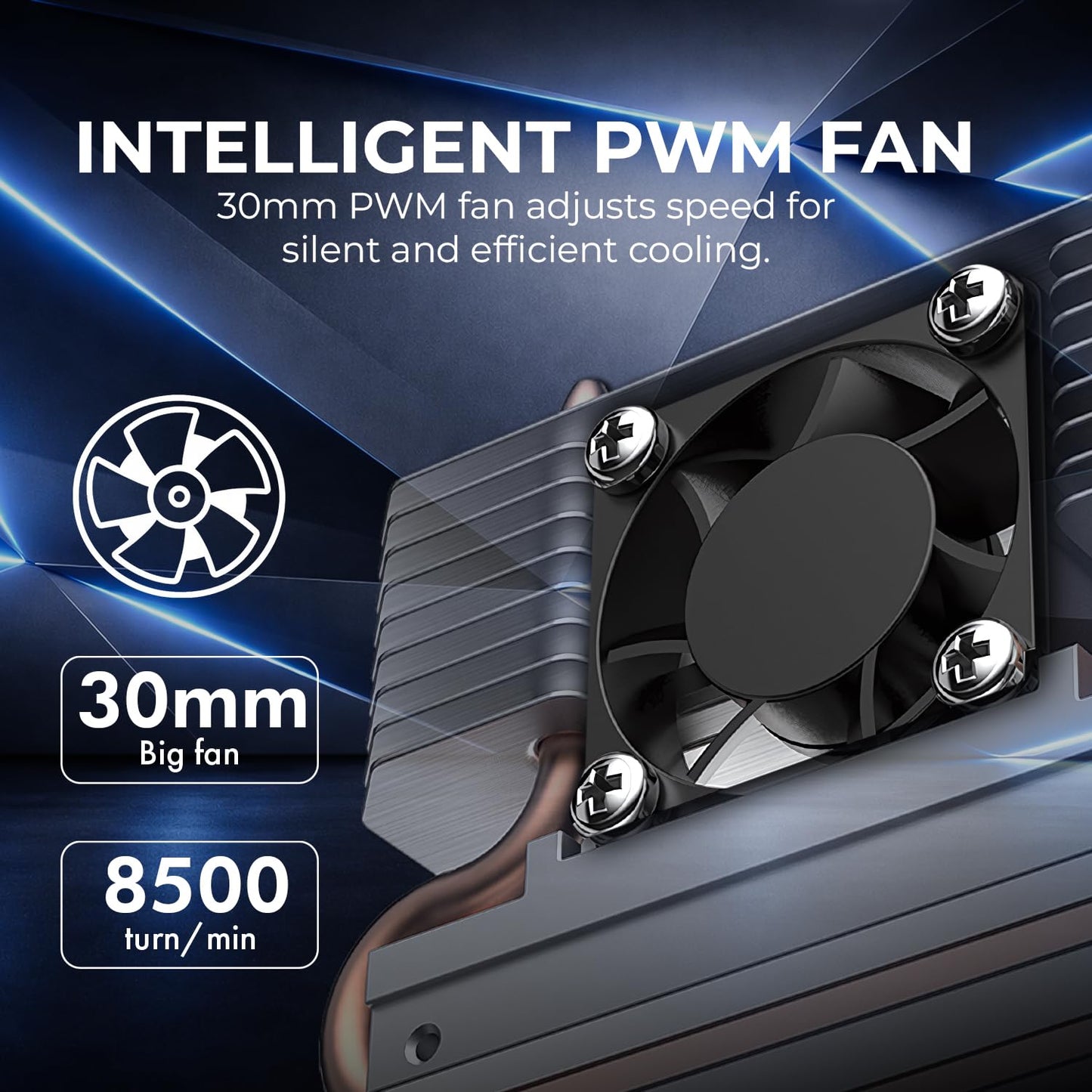 Titanium Micro SSD Heatsink Cooler M.2 NVMe Heatsink for Single Double Sided SSD 2280 with Copper Heatpipe, 30mm PWM Cooling Fan, Reduce up to 40°C