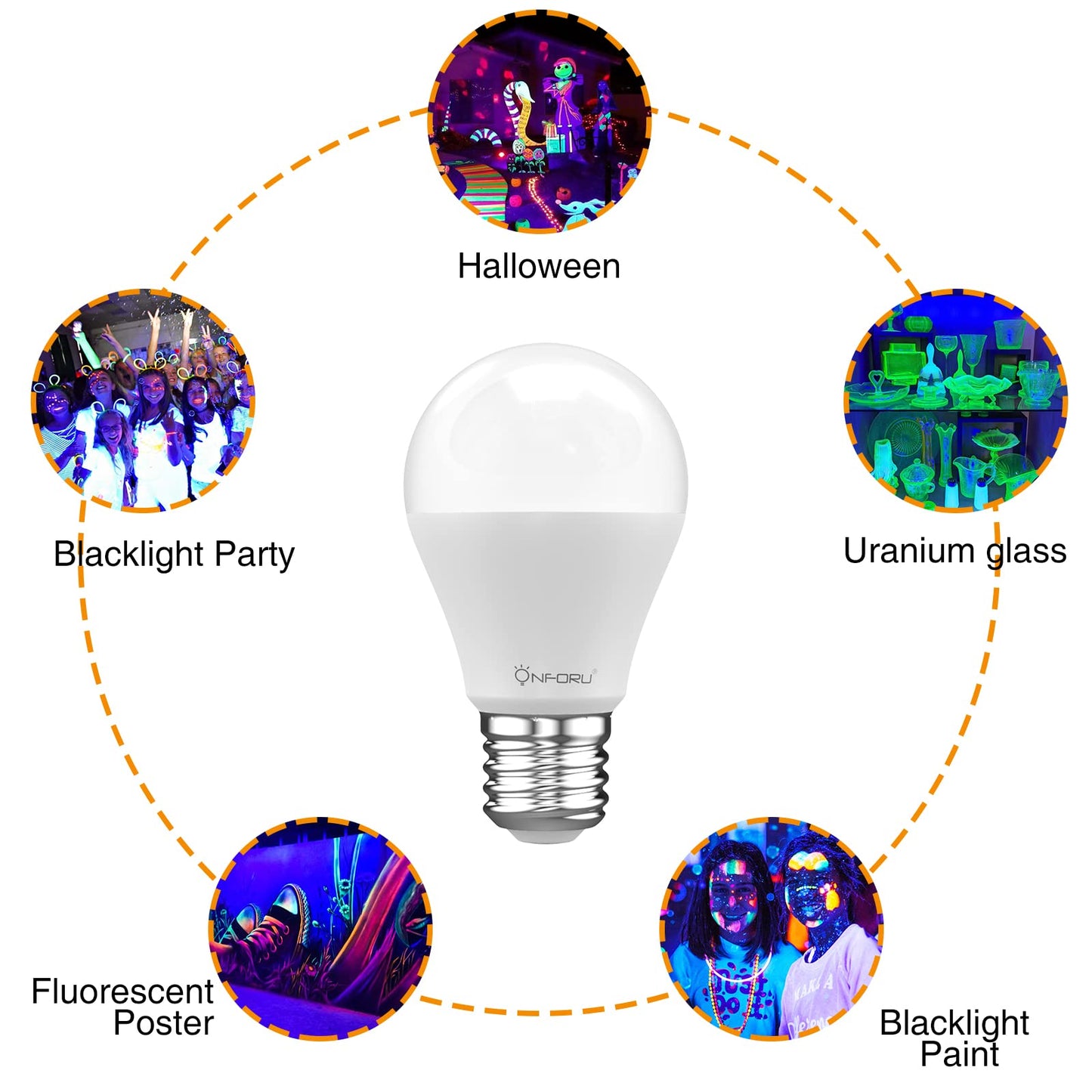 Onforu A19 E26 Blacklight Bulbs, LED Black Lights for Halloween, 6 Pack