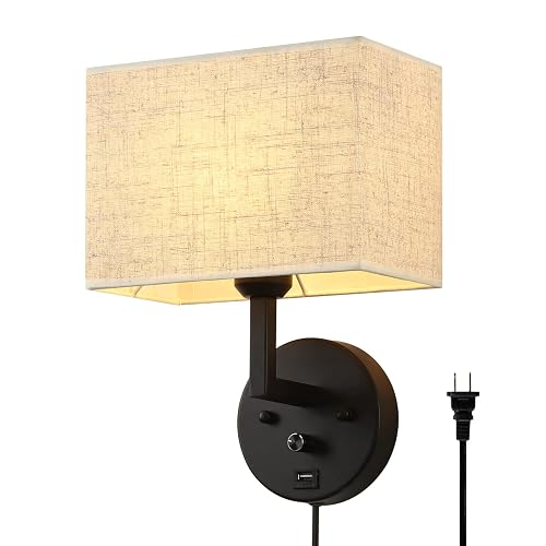 PULLCU Plug in Wall Sconce with Dimmer Switch and USB Port?9.5“Rectangular Linen Fabric Shade?Bedside Wall Lamp Matte Black Finish?Wall Lamp Perfect