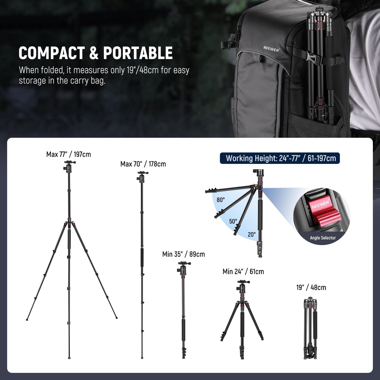 NEEWER 77 inch Camera Tripod Monopod for DSLR, Phone with 360° Panoramic Ball Head, 2 Axis Center Column, Arca Type QR Plate, Bag, Compact Aluminum
