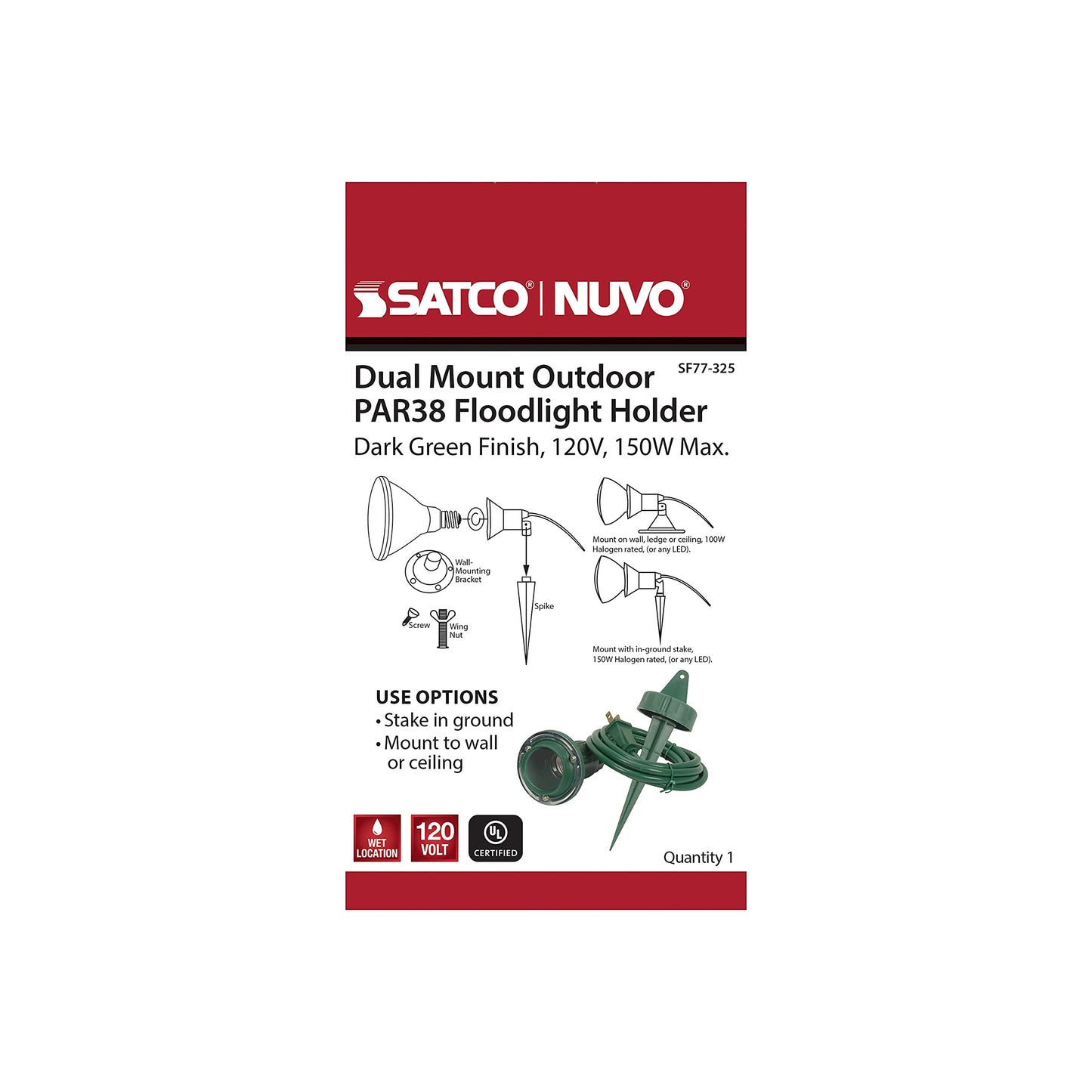 Satco SF77/325 Outdoor PAR38 Flood Light Holder with Round Plate for Dual Mounting and Ground Stake, Green