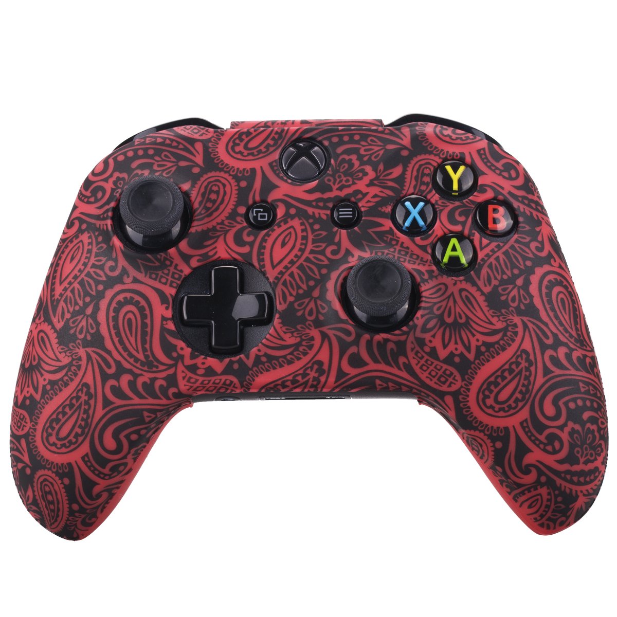YoRHa Printing Rubber Silicone Cover Skin Case for Xbox One S/X Controller x 1(Flowers red) with PRO Thumb Grips x 8