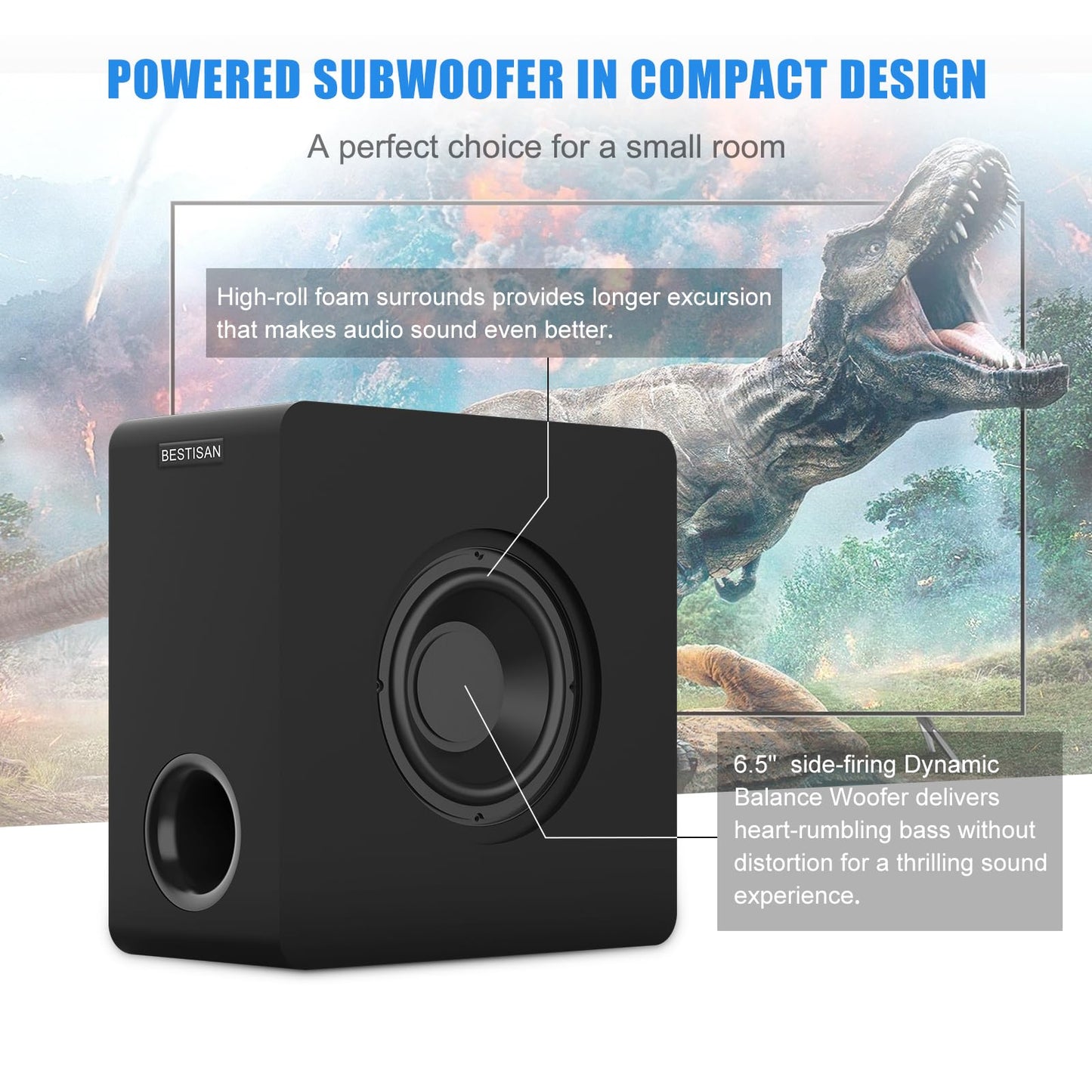 BESTISAN Powered Subwoofer, 6.5'' Side Firing Home Audio Sub, Deep Bass Response Subwoofers, Easy Setup with Home Theater Systems, TV, Speakers, RCA