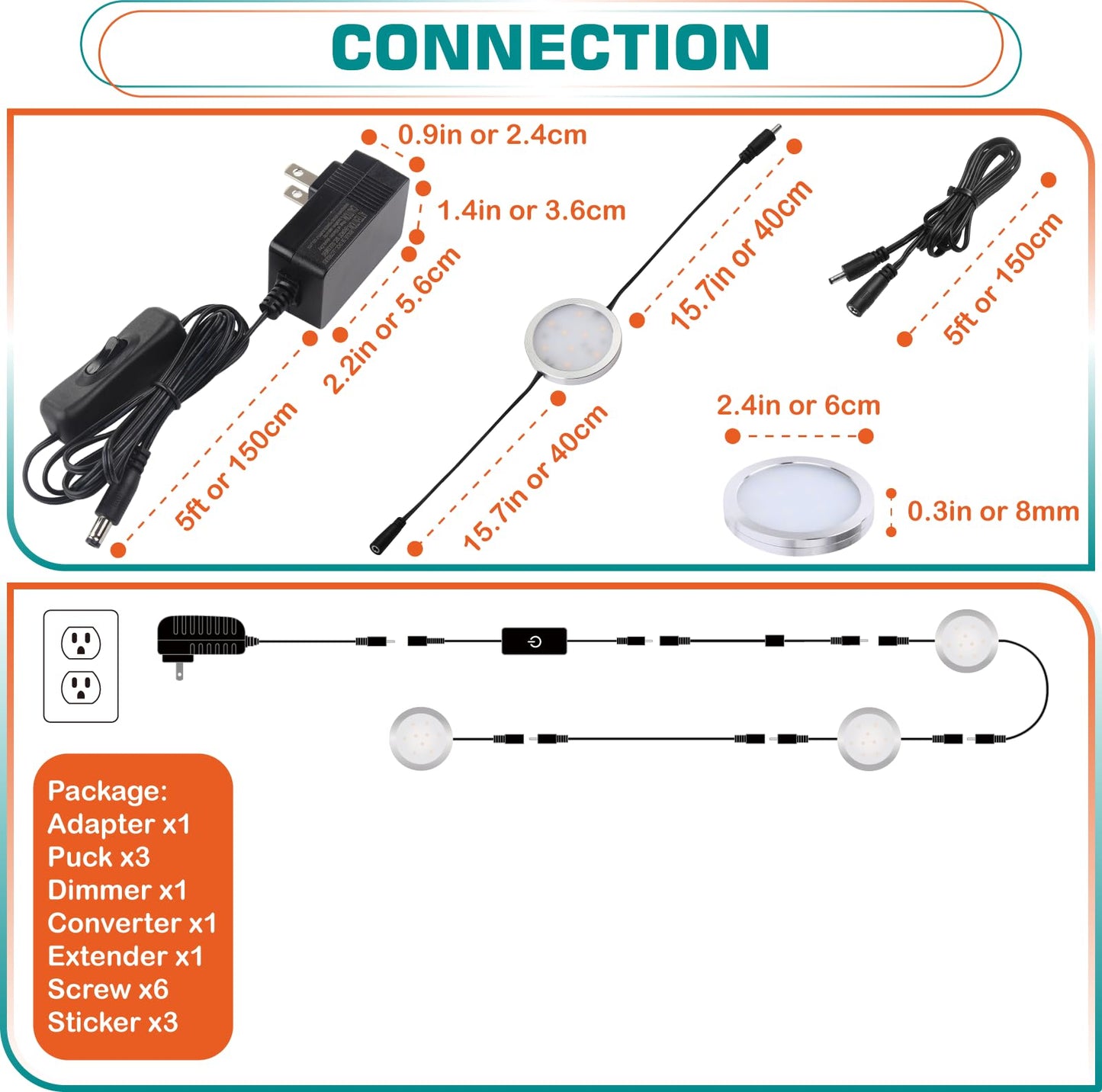 Lvyinyin Under Counter Light Kit, Daisy Chained Linkable Under Cabinet LED Puck Light Strip, Touch Sensitive Dimmer Switch, 0.3inch Ultra Slim, 110V