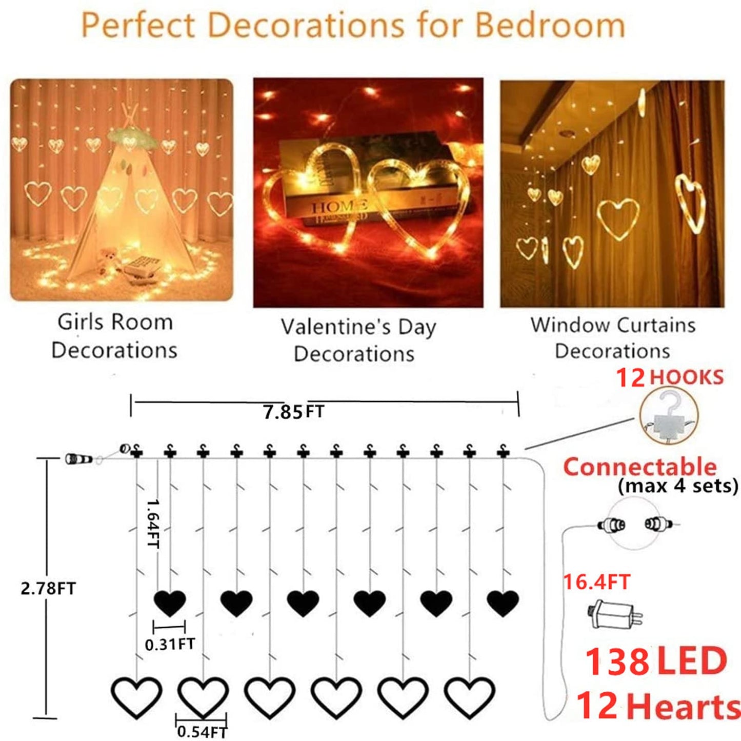 Efunly Valentines Day Decor Lights,138 LED 12-Heart-Shaped String Lights Waterproof,8 Modes Connetable 29V Plug in Curtain Lights for Kids Bedroom