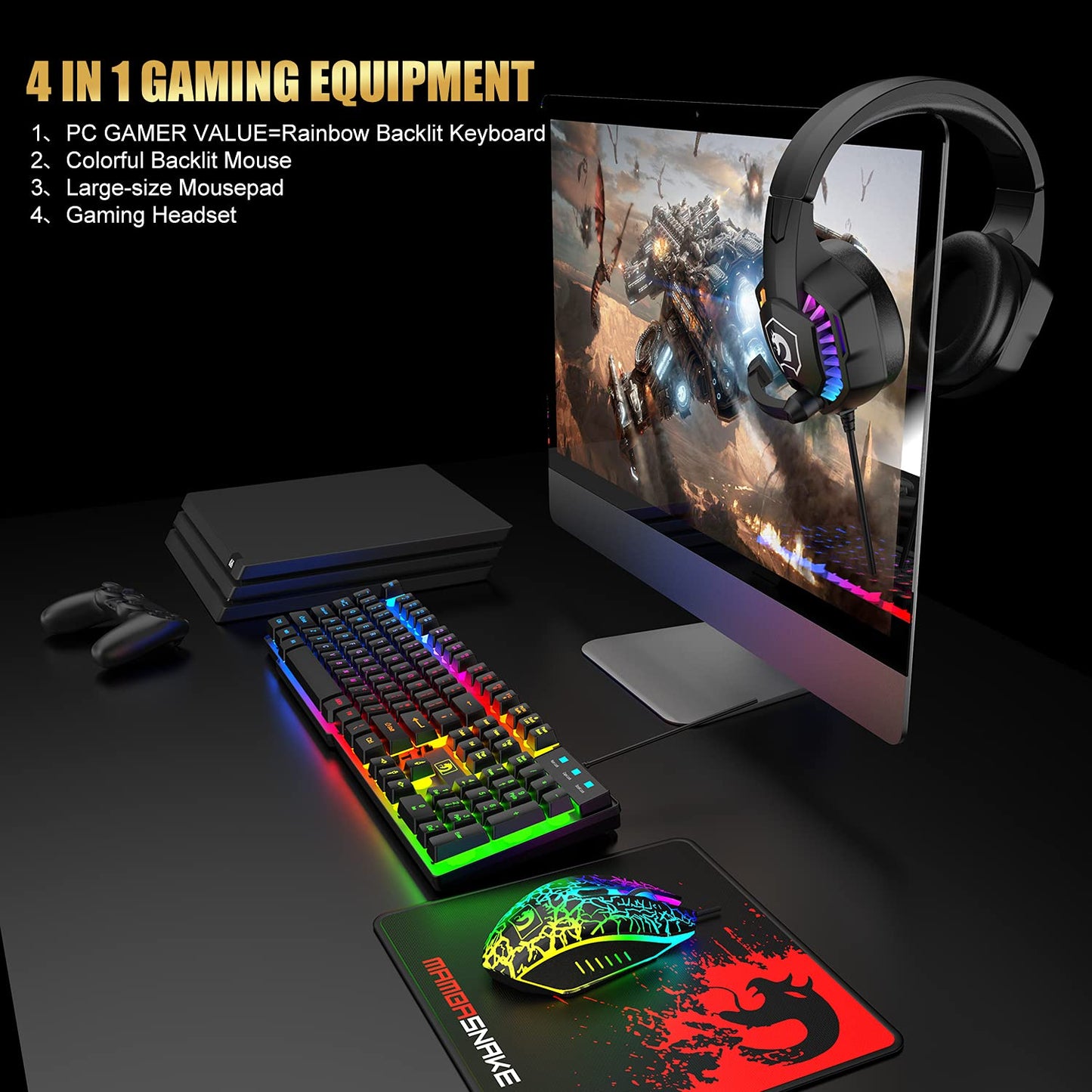 Wired Gaming Keyboard and Mouse Headset Combo,Rainbow LED Backlit Wired Keyboard,Over Ear Headphone with Mic,Rainbow Backlit Gaming Mice,Mouse Pad,for