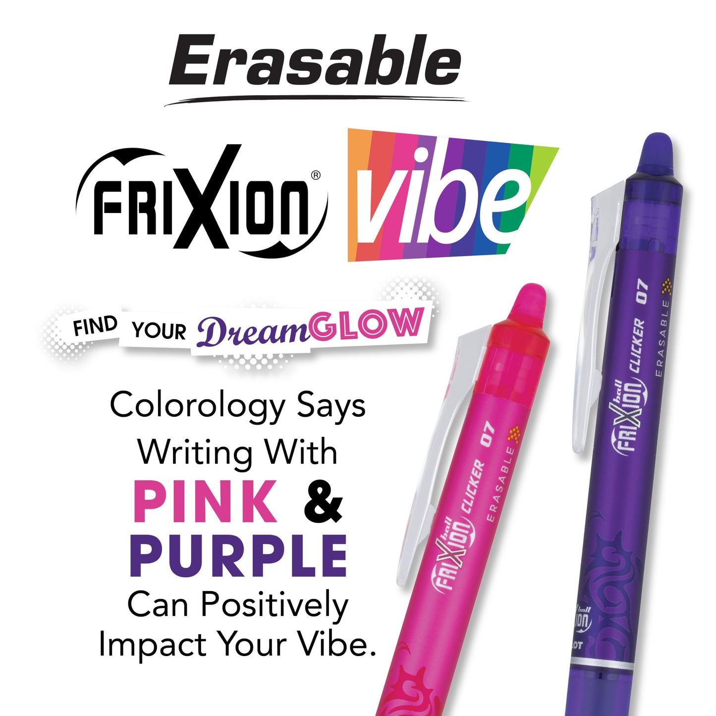 Pilot, FriXion Vibe Clicker Premium Erasable Gel Ink Pens, Find Your DreamGlow Vibe, Uplifting & Dreamy Colors, 7 Pack, Fine Point 0.7 mm, Assorted