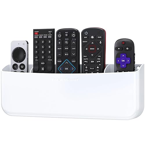 TotalMount Hole-Free Remote Holder - Eliminates The Need to Drill Holes in Your Wall (Premium White Remote Control Holder for 5 or 6 Remotes)
