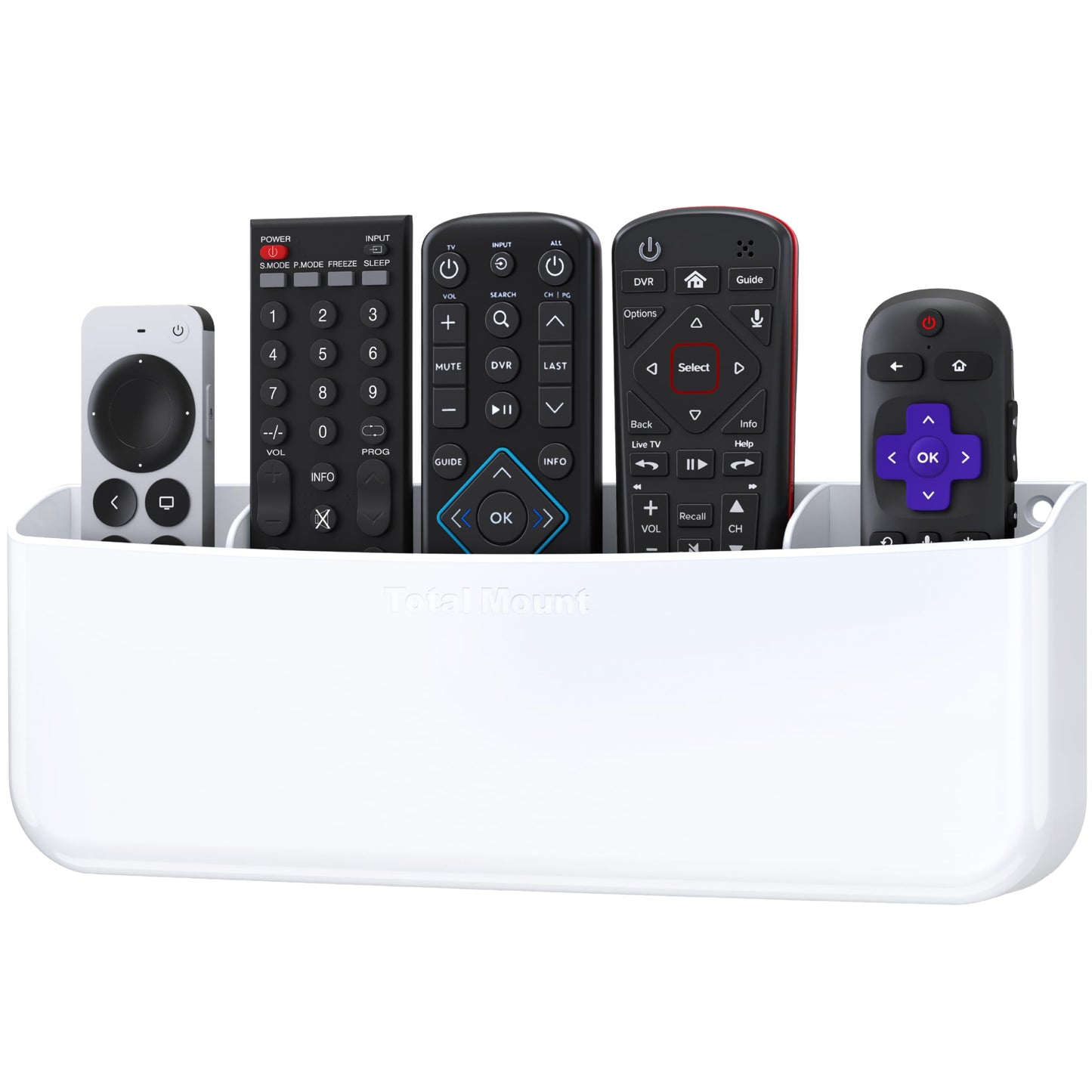 TotalMount Hole-Free Remote Holder - Eliminates The Need to Drill Holes in Your Wall (Premium White Remote Control Holder for 5 or 6 Remotes)