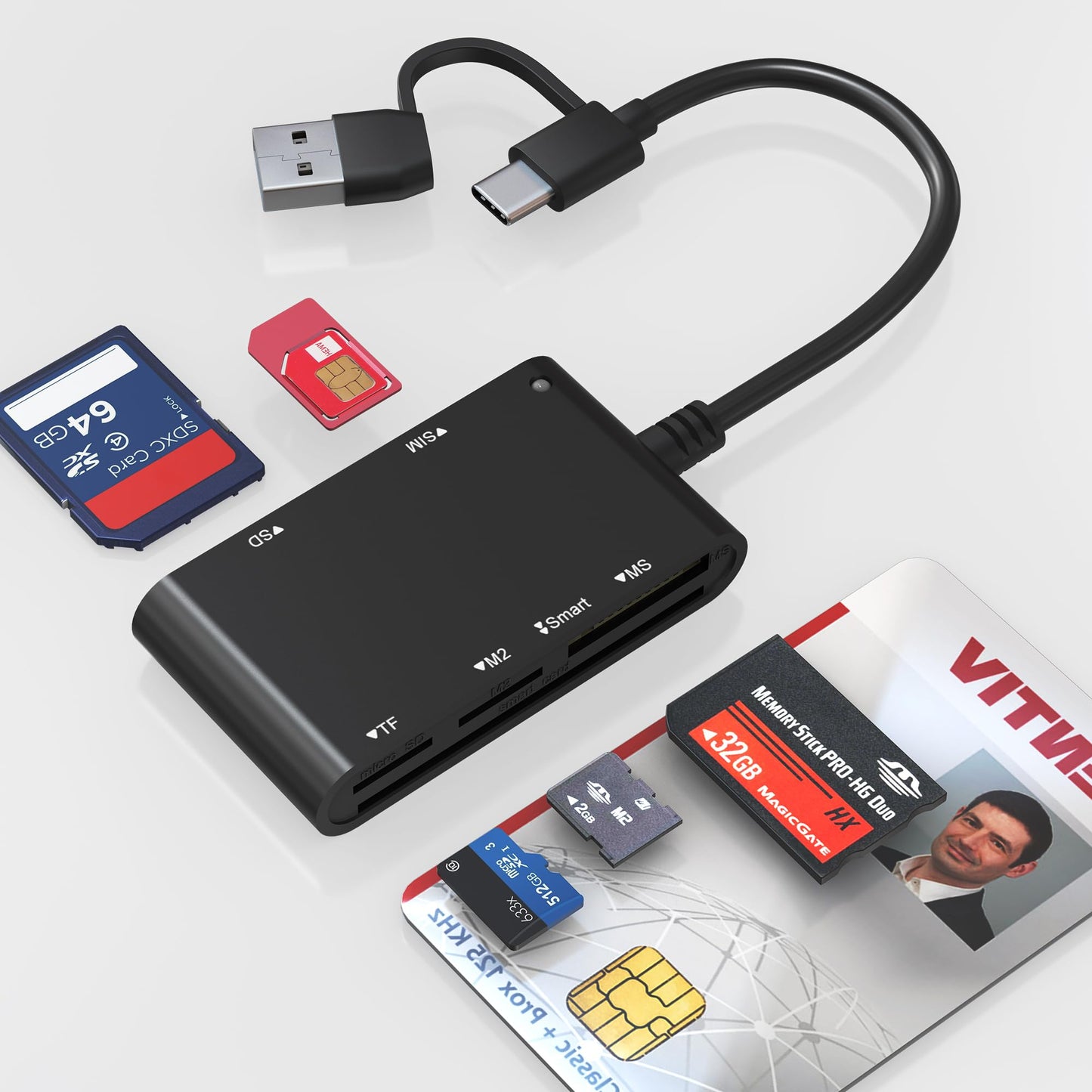 USB C/A SIM Card Adapter Smart Card Reader - 7 in 2 CAC Reader Military & MS Pro Duo/SD/TF/M2/ID/IC/PIV/SIM Card Reader, Memory Stick Pro Duo Adapter