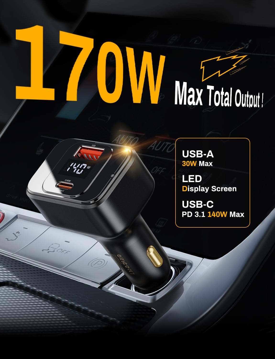 Degeca USB C Car Charger Fast Charging 170W, PD3.1 Single Type-C Port Max Output Power 140W Car Charger with Real-Time Display for MacBook, Laptop