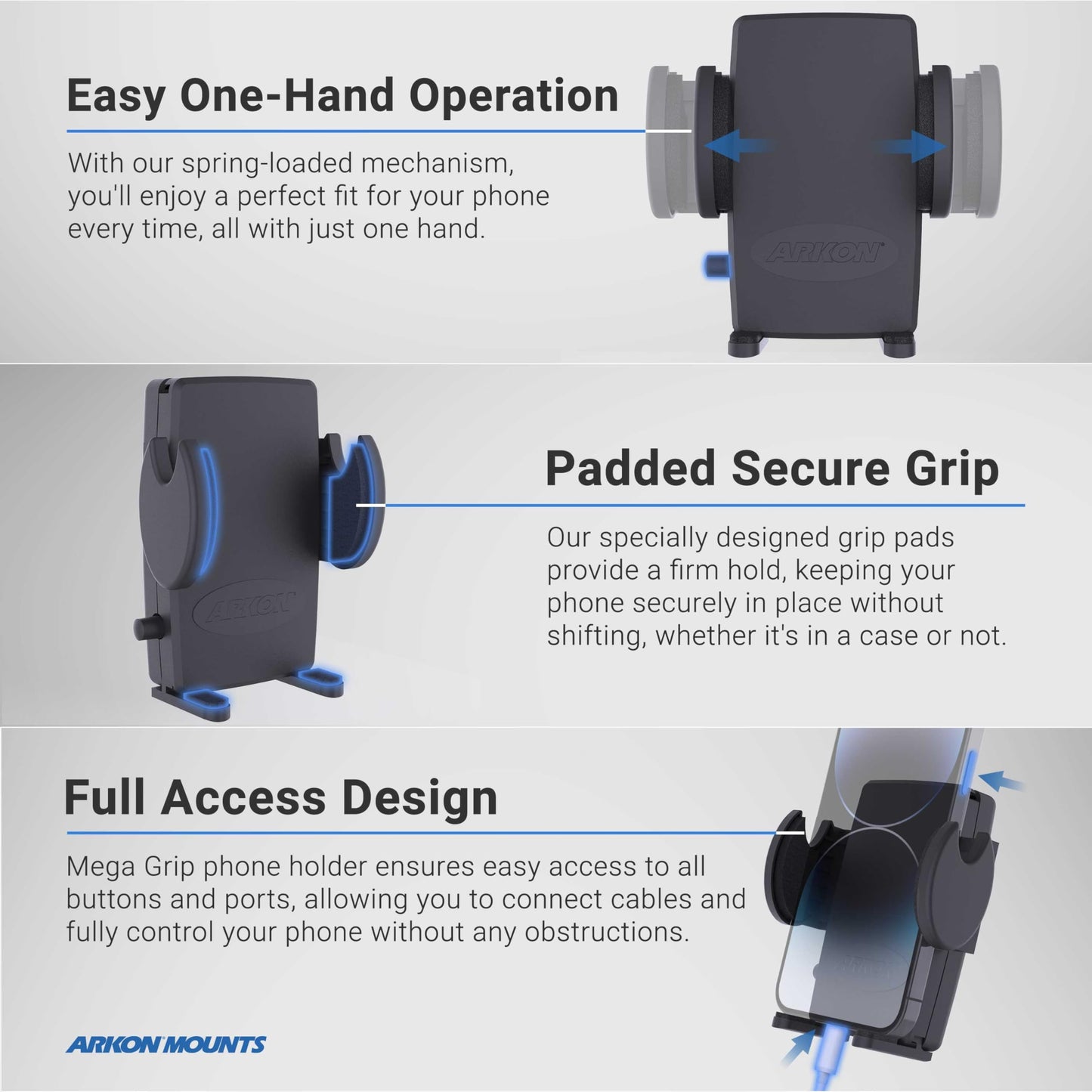 ARKON Mounts Mega Grip Universal Phone Holder | Securely Holds Phones 3.5" Wide | Fit to Pedestals Dual-T Compatible | Compatible with iPhone