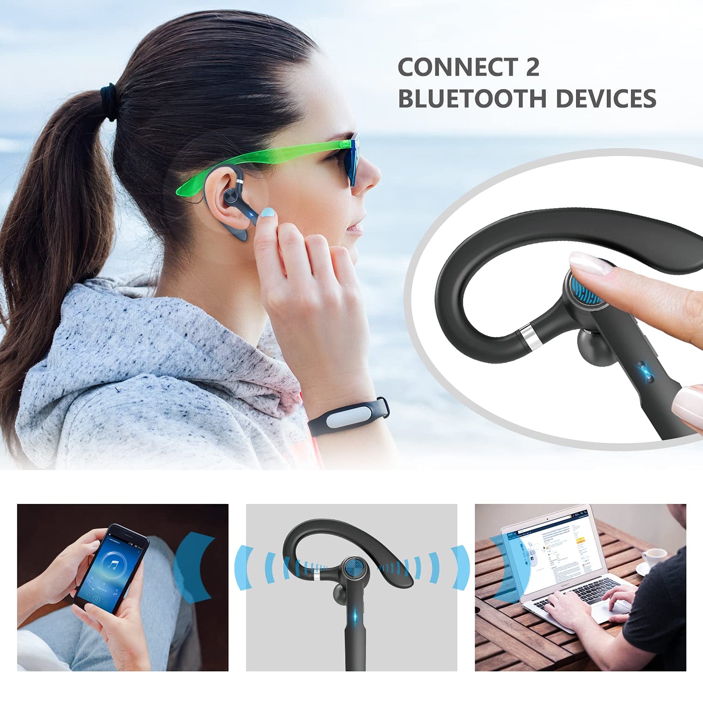 JOYHOOSH Bluetooth Earpiece with MIC, Trucker Headset 50Hrs with Charging Case, in-Ear Headphones Wireless Earphones for Business,Office and Driving