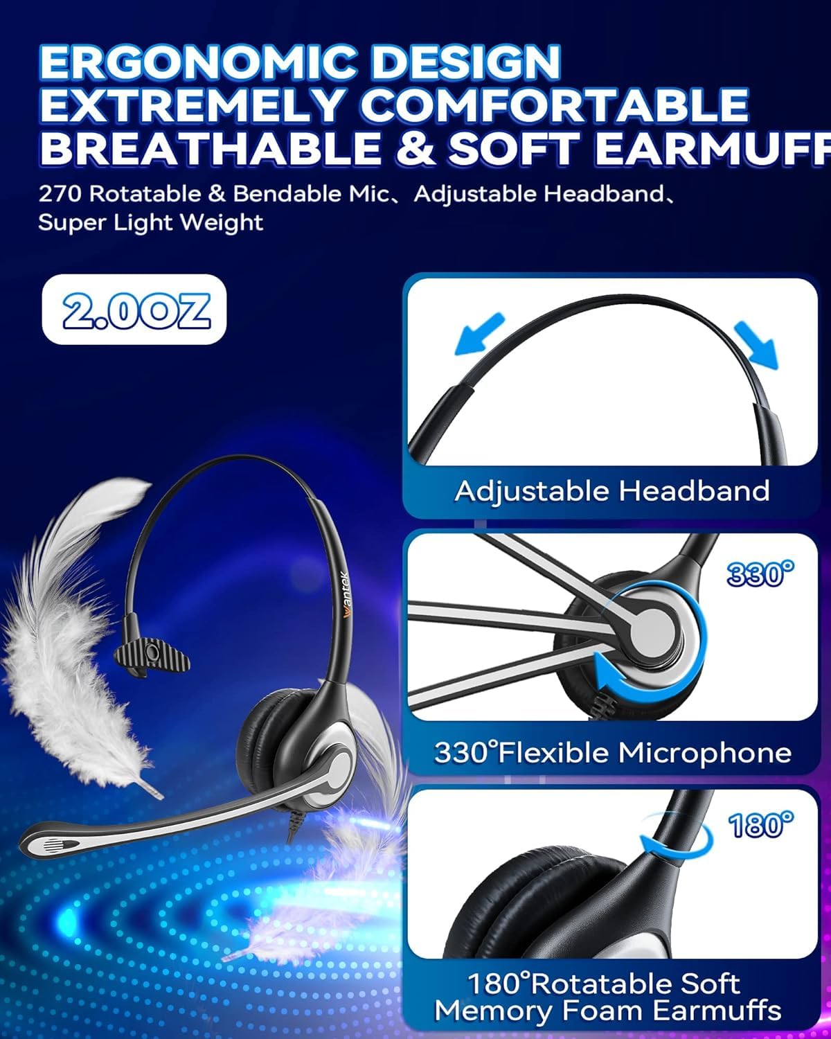 Wantek Corded Telephone Headset Mono w/Noise Canceling Mic for Avaya Aastra Allworx Adtran Alcatel Lucent AltiGen Comdial Digium Gigaset InterTel