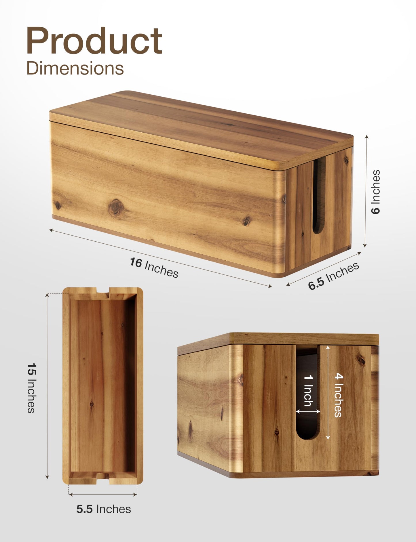 TIDITA Acacia Wood Cable Management Box Round Edge - 16" L Wooden Cable Organizer Box for Electrical Hiding Cord Management - Power Strip Hider Cable