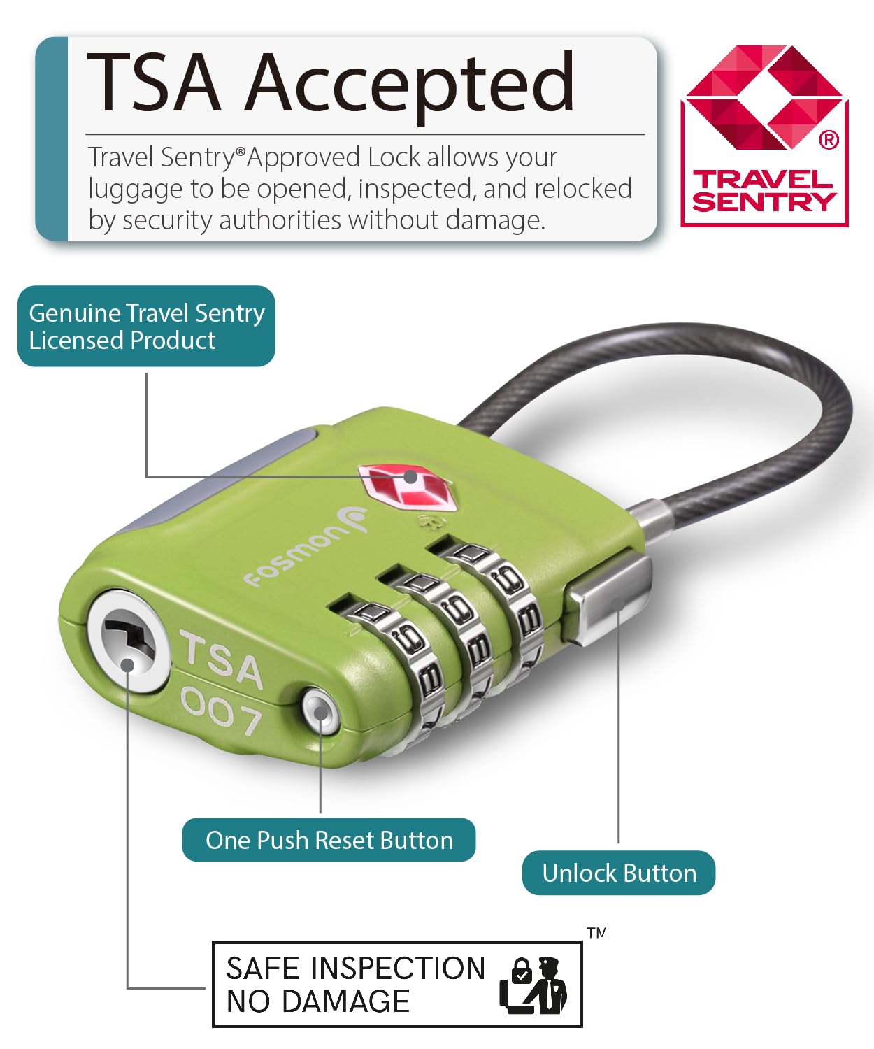 Fosmon TSA Approved Luggage Locks – 3 Digit Combination Cable Padlock with Long Shackle for Suitcases, Backpacks, Gym Lockers & Travel