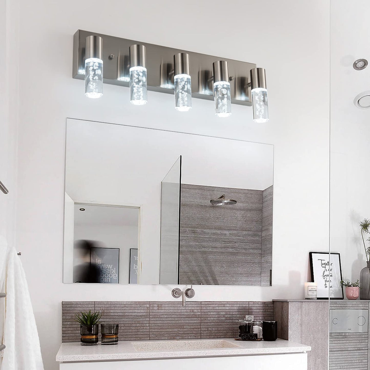 votag 5-Light Bathroom Light Fixtures, Modern Led Vanity Lights 40W 6000K (Non-dimmable) Brushed Nickel Vanity Lights Bathroom Fixture. for Bathroom