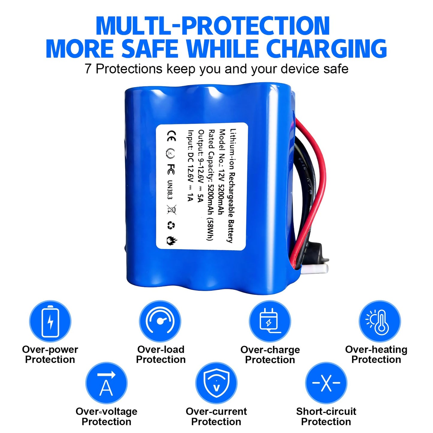 12V 5200mAh Rechargeable Li-ion Battery with Charger, Bare Leads Wire Battery Pack Perfect for DIY Project, Speakers, RC Car, Robot Toys, LED Light