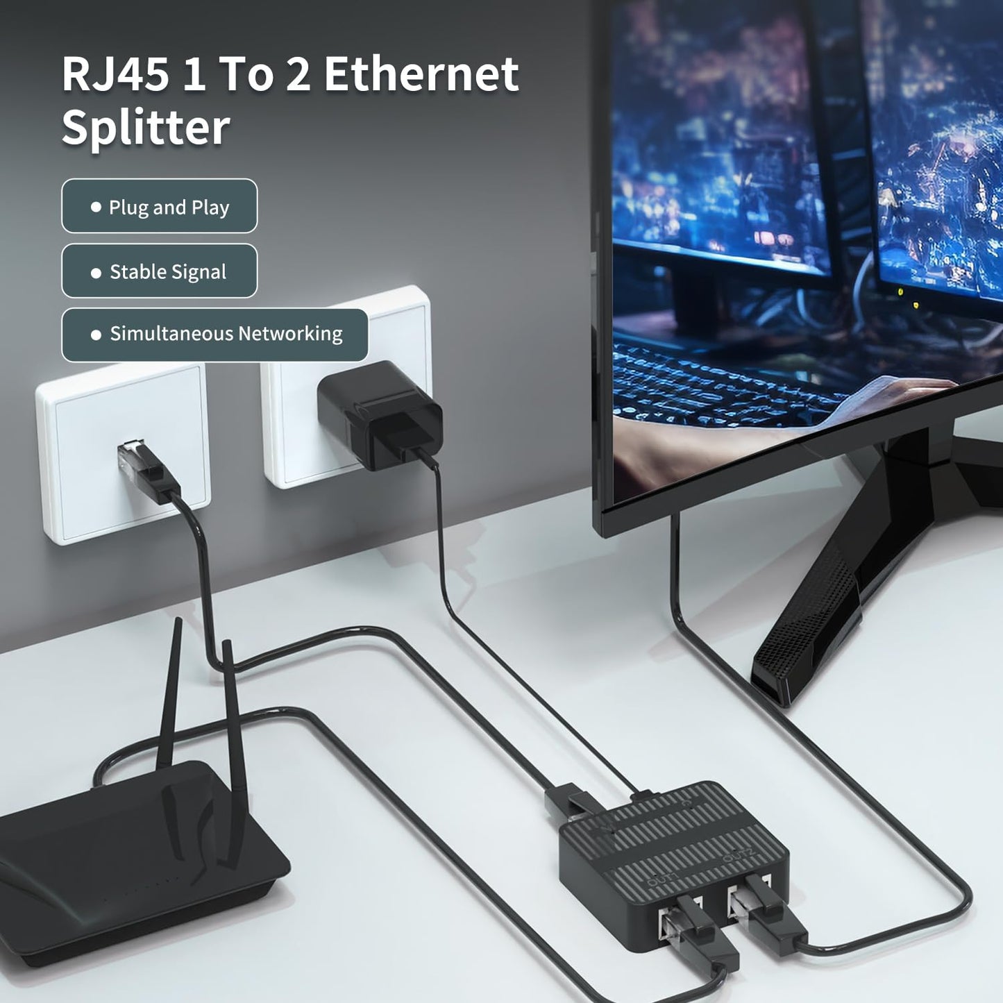 Gigabit Ethernet Splitter 1 to 2 Devices Simultaneously Networking, 1000Mbps High Speed LAN Splitter with USB-C Power Cable, Network Switch Hub