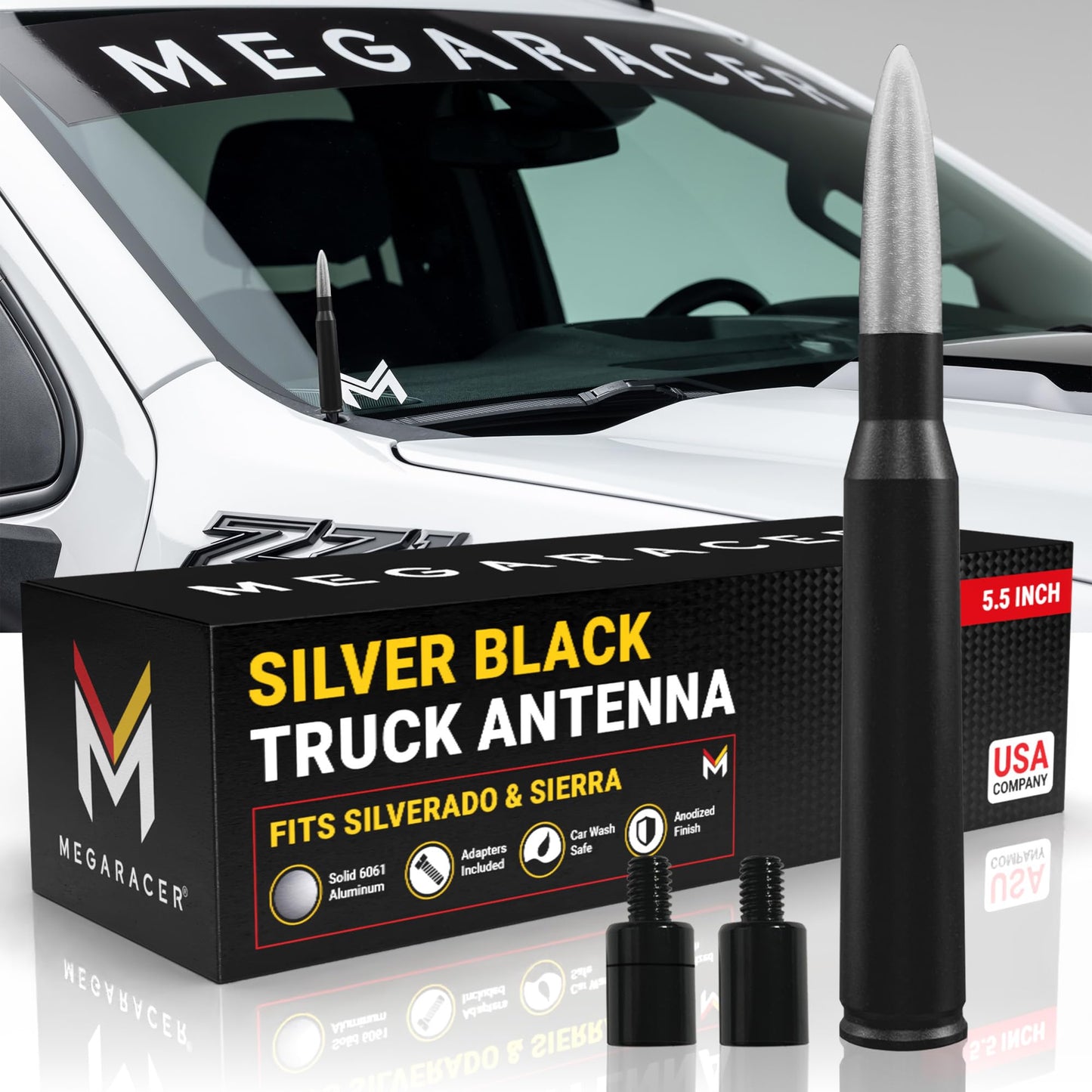 Anodized Silver Black 50 Cal Bullet Antenna for Chevy Silverado & GMC Sierra 1500 2500 (1999-2026) - Rugged Billet Aluminum, UV & Chip-Resistant, Car