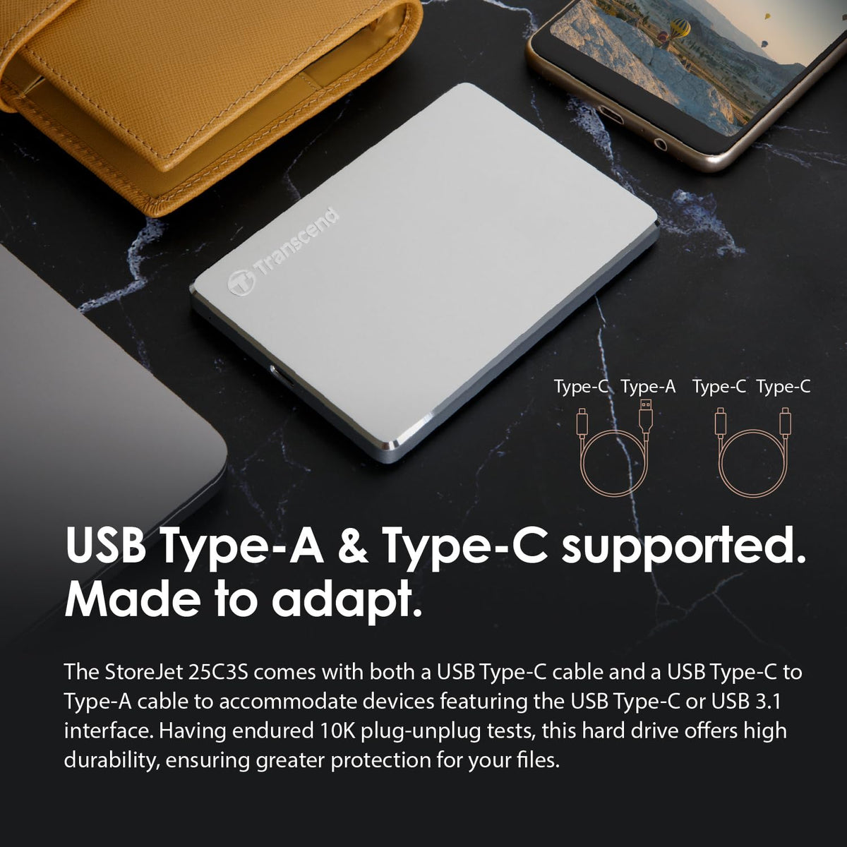 Transcend 1TB SJ25C3S, Portable External Hard Drive, Sleek Aluminum casing, Type C, Silver - TS1TSJ25C3S