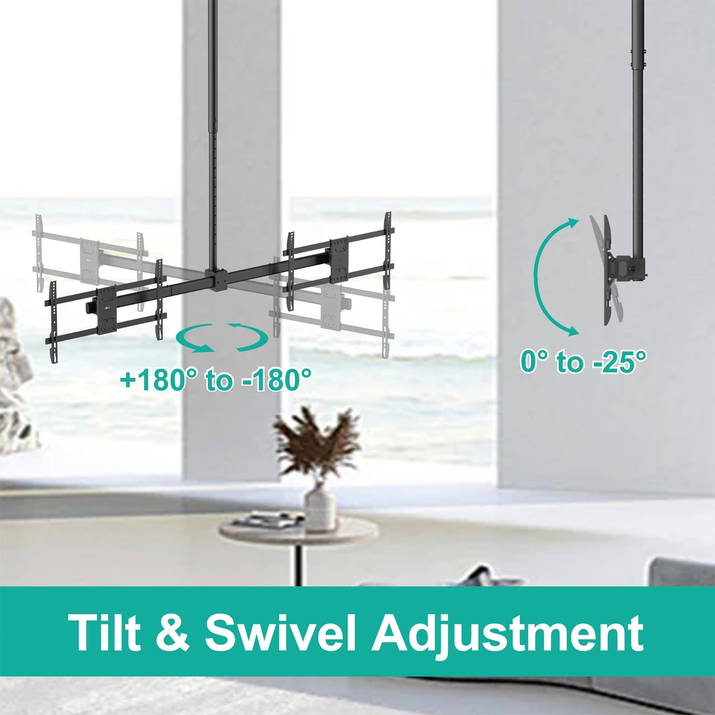 WALI Ceiling TV Mount Dual Screen Side by Side Fits Most Display 34 to 60 Inch TV, Up to 176lbs, 88 lbs for Each Screen, Height Extension up to 65.6