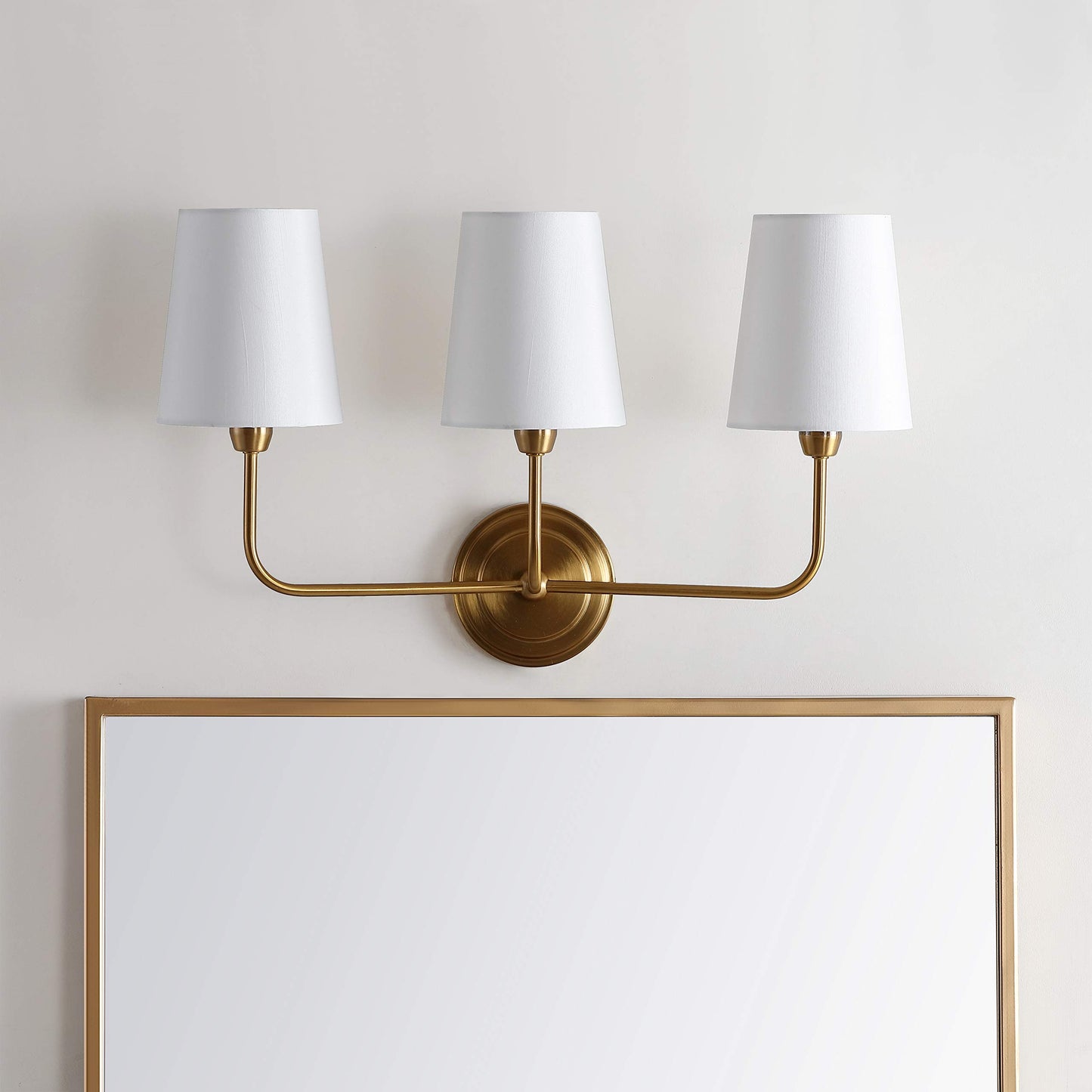 SAFAVIEH Lighting - Sawyer 3-Light 22-Inch Wall Sconce - Brass - Fabric Shade - Contemporary Design - Ideal for Vanity, Hallway, Bedroom, Bathroom