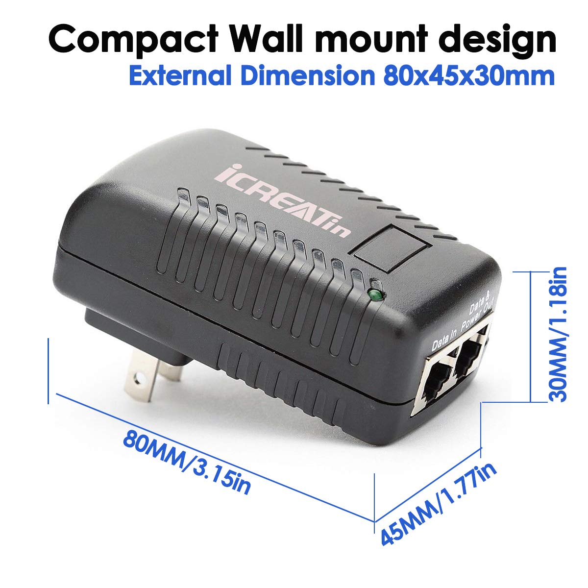 iCreatin 30W Wall PoE Injector Adapter 802.3at / 802.3af Compliant,10/100Mbps RJ-45 for 48V PoE Supported IP Cameras and Phones up to 328 Feet