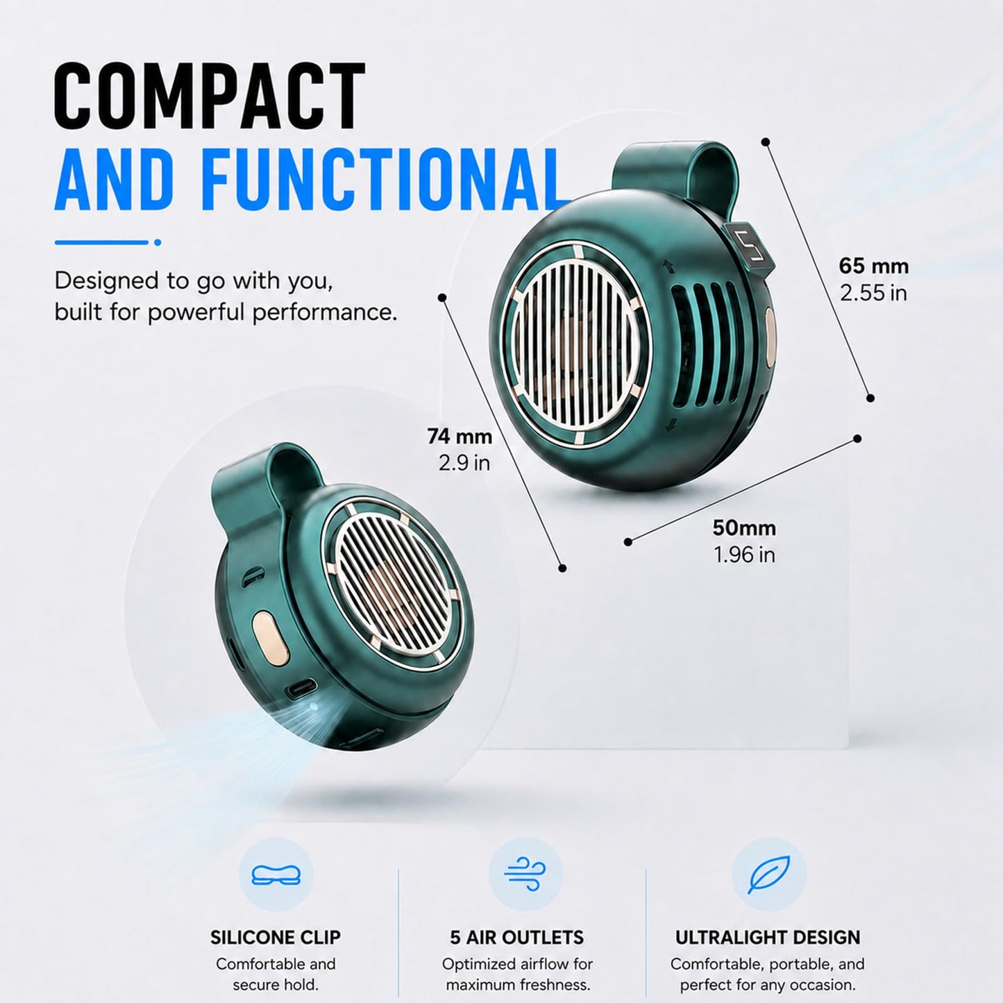 Rilvora Bryzy Fan Portable Personal, 360°Adjustable Airflow, Can be Worn on a Belt or Around the Neck, Perfect for Outdoor Activities and Travel