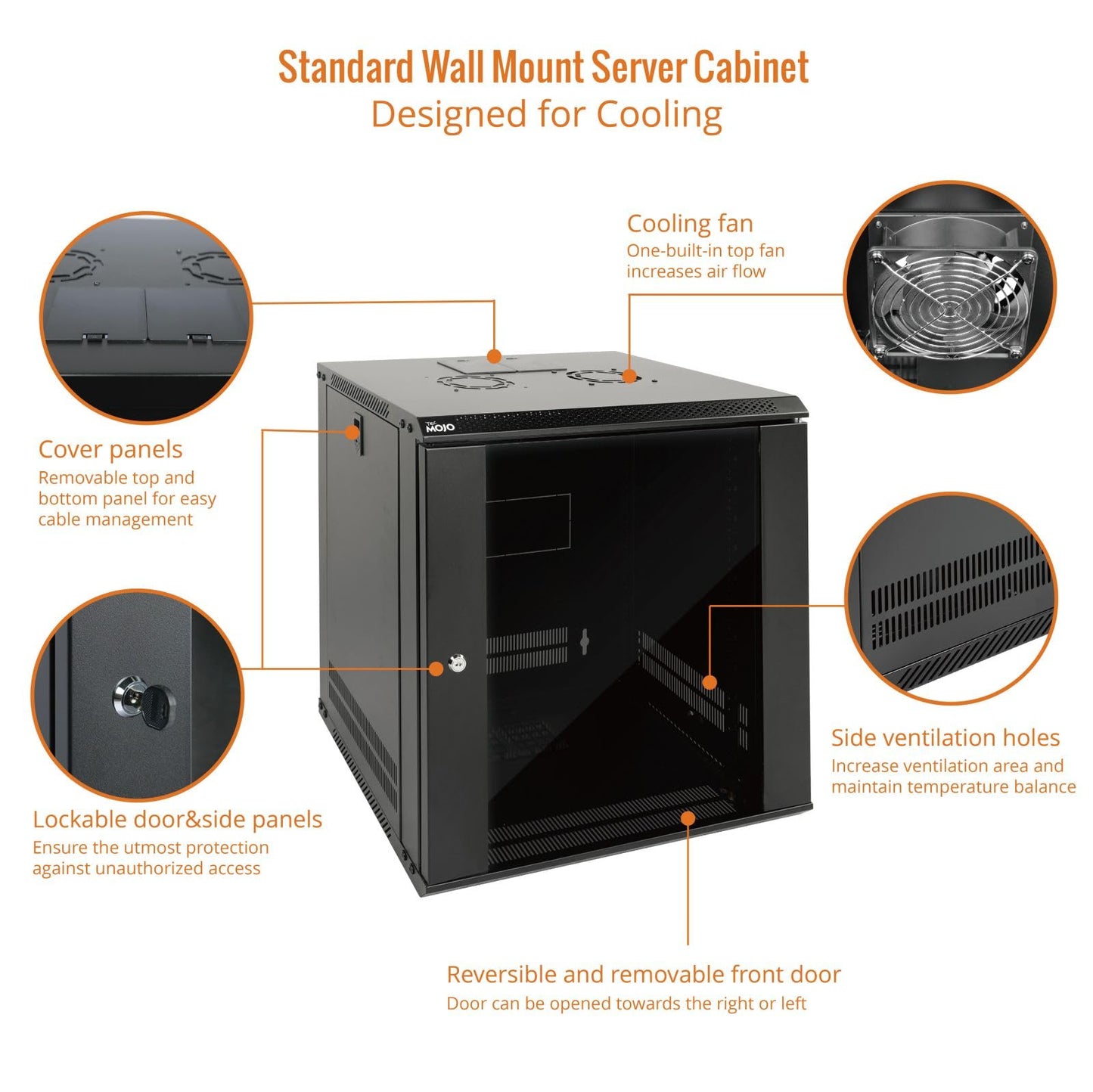 Tecmojo 12U Wall Mount Server Cabinet IT Network Rack Enclosure Lockable Door and Side Panels Black,Cooling Fan,Glass Door,17.7inch Depth,for 19” IT