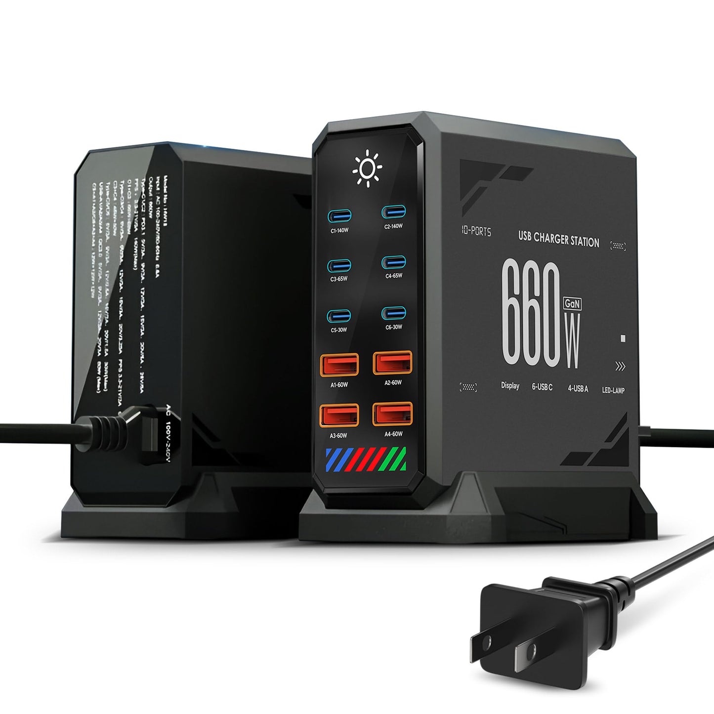 600/660W 10-Port Charging Tower - 6×USB-C & 4×USB-A, Touchscreen Light Control, Graphite Black with Silver Trim - ZOVLEC Multi-Device Fast Charging