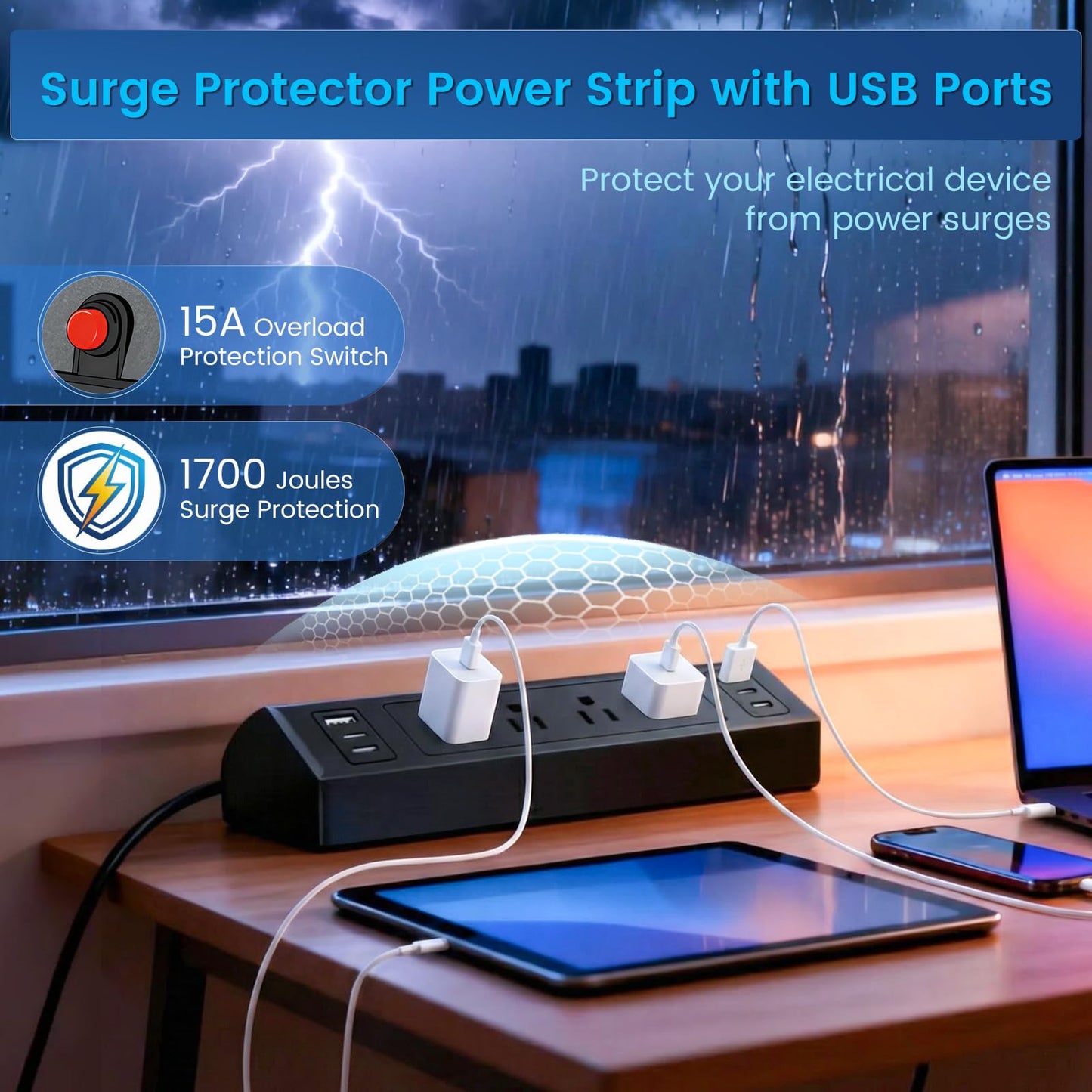 Desk Clamp Power Strip with 40W Total Fast Charging Station, 4 PD 20W USB C Ports, 4 AC Outlets, 1875W Surge Protectors, 6.5 FT Flat Plug Desk Edge