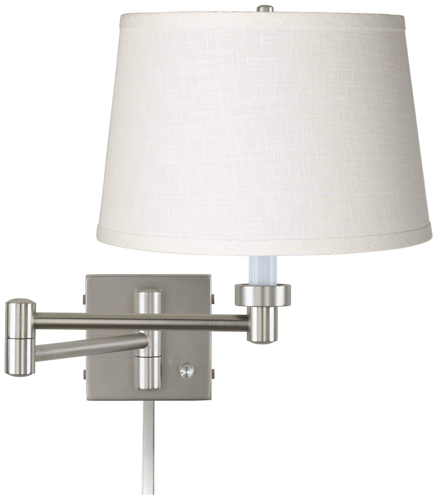 Possini Euro Design Modern Swing Arm Wall Lamp with Cord Cover Brushed Nickel Plug-in Light Fixture White Linen Tapered Drum Shade for Bedroom Bedside