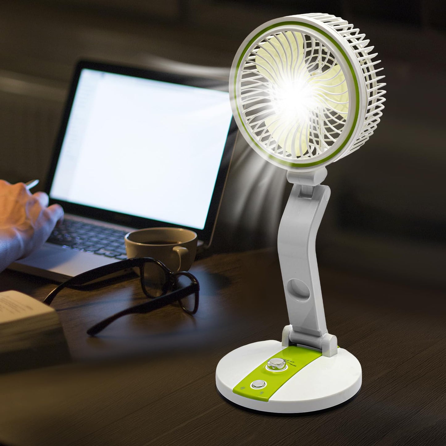 QQDETRR Folding Mini Stand Fan with LED Light, Portable USB Desk Fan, 3 Speeds & 360° Tilt, Solar Charging, 6H Lighting & 2H Cooling for Office Travel