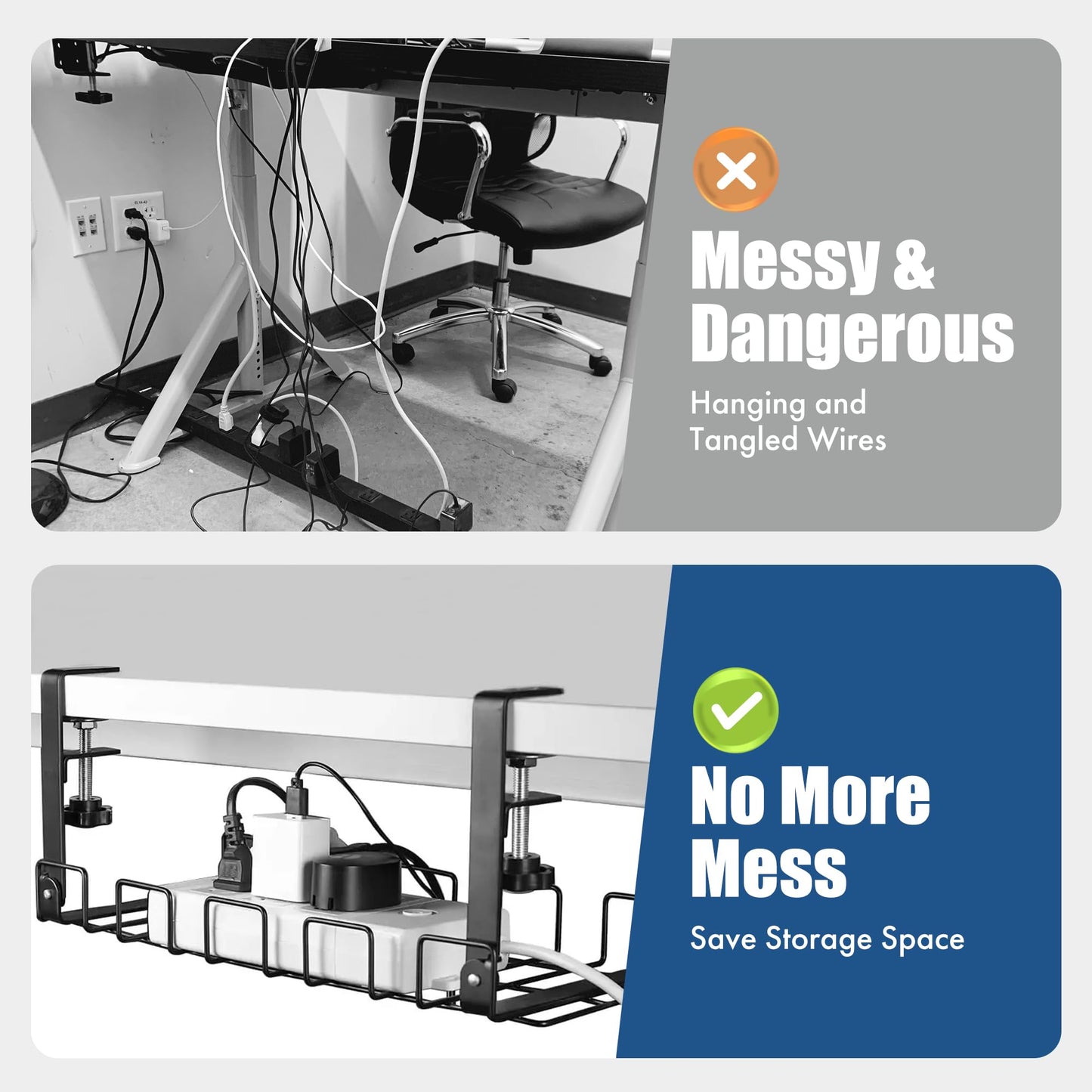 Under Desk Cable Management Tray - No Drilling, Tools-Free, Adjustable Iron Organizer, Modern Minimalist Style for Home Office
