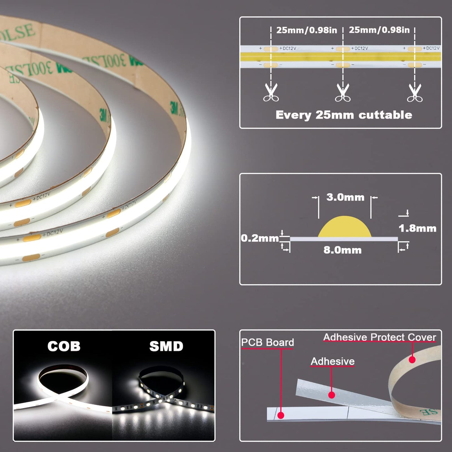 YUNBO 12V COB LED Strip 6000K Bright White 16.4ft CRI>90 Self Adhesive LED Tape Light 480LEDs/M Uniform Dotless High Density IP20 Indoor Use Cuttable