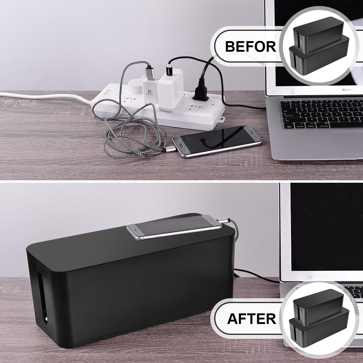 Cable Management Box, 2 Pack Large & Medium Cable Organizer Box with 17 PCS Cable Management Set, Cord Organizer Box to Hide Surge Protector on Desk