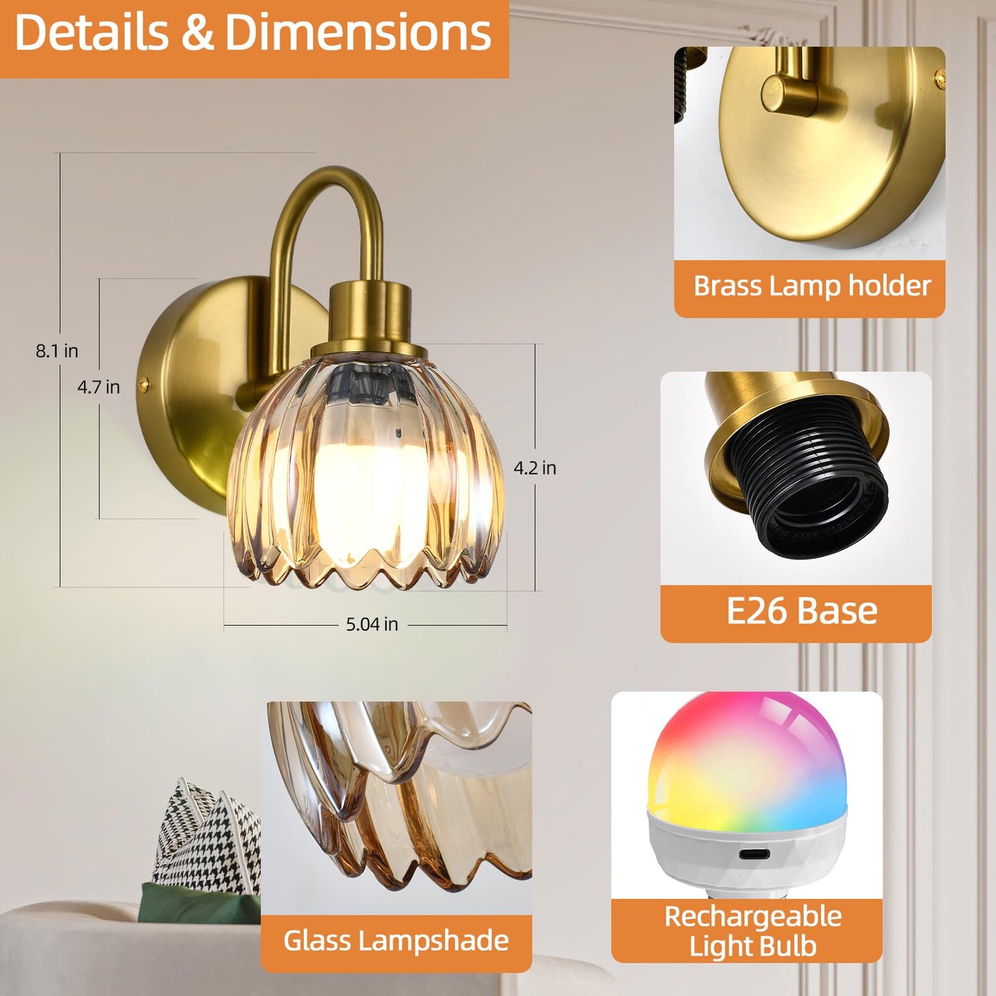 NOVCAND Brass Rechargeable Wall Sconces Set of 2, Cordless Battery Operated Wall Lights with Remote, Wireless Wall lamp for Bedroom,Living Room