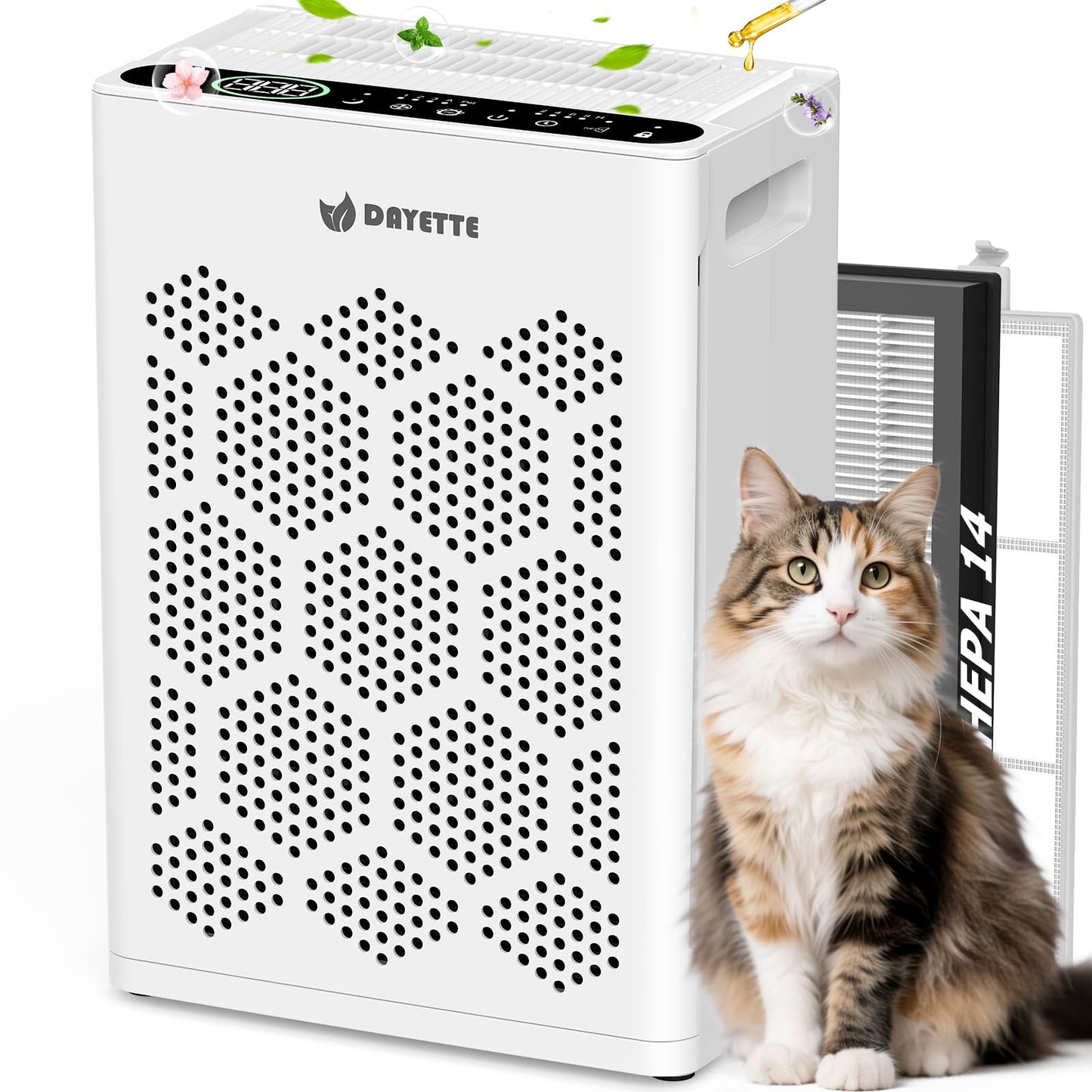 DAYETTE Air Purifiers for Home Large Room Up to 1800 Ft² with HEPA 14 Filter, Pet Air Purifier with Washable Prefilter for Bedroom with Fragrance, Air