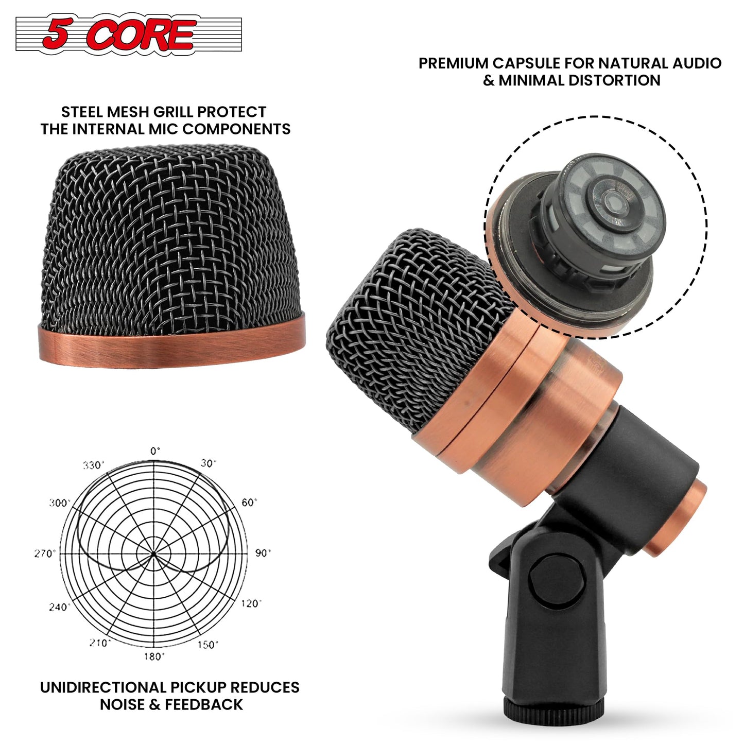5 CORE Snare Microphone Copper Finish XLR Wired Cardioid Uni Directional Tom Kick Drum Mic w Swivel Mount Steel Mesh Grille Rim Mount Snare XP COPPERX