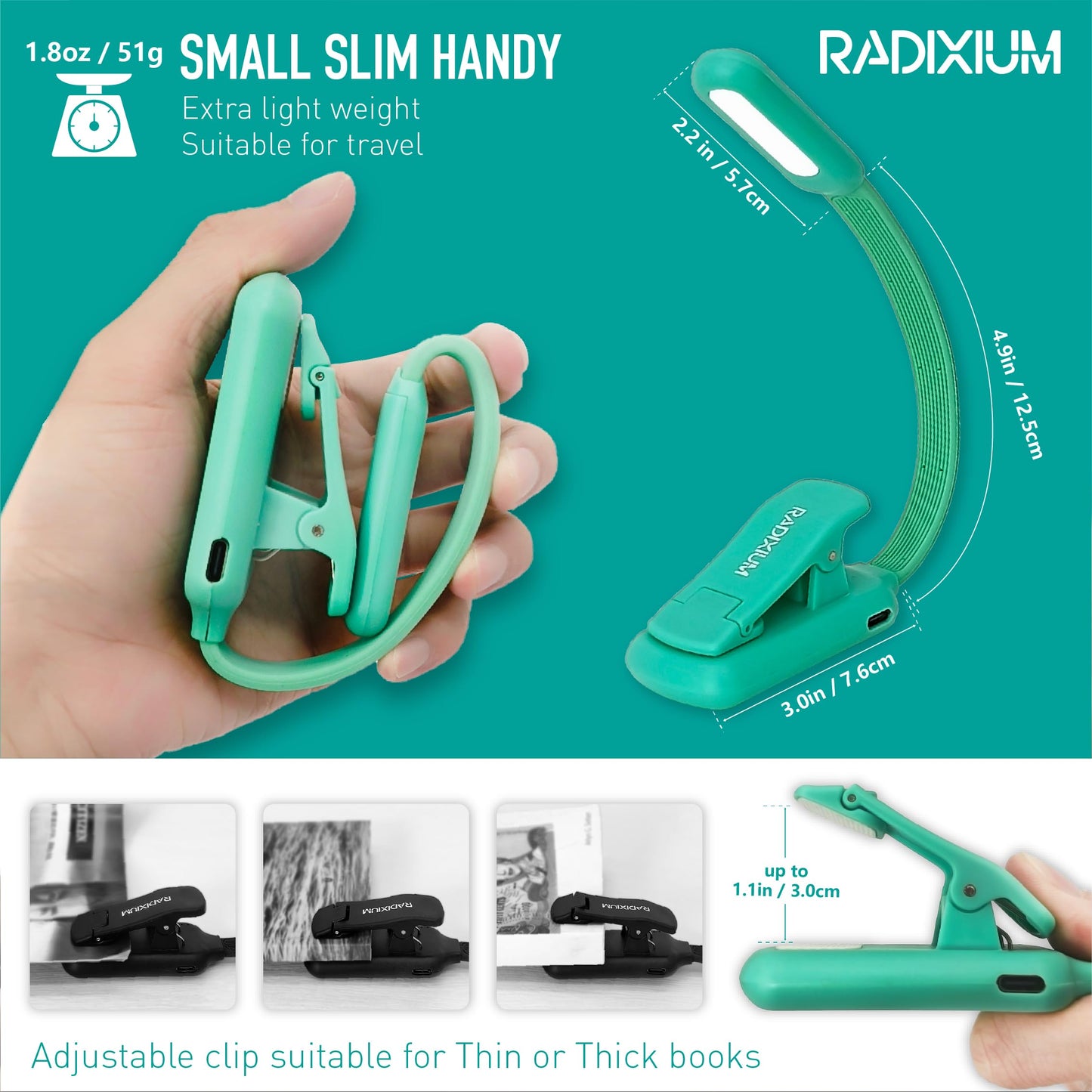 Radixium Rechargeable Book Reading Light at night in Bed, Eye Caring 9 LED with 9 Color Temperatures, Stepless Dimming Brightness, Clip on Book Light