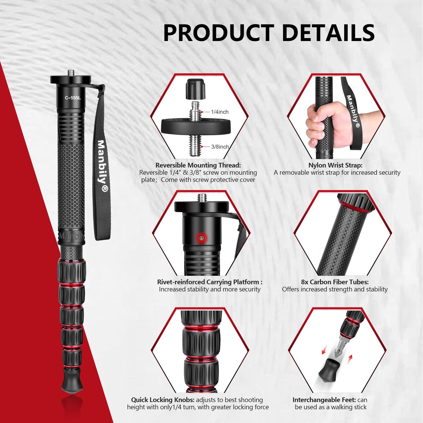 Manbily Carbon Fiber Camera Monopod, Portable Compact Lightweight Travel Monopod with Walking Stick Handle for DSLR Canon Nikon Sony Video Camcorder