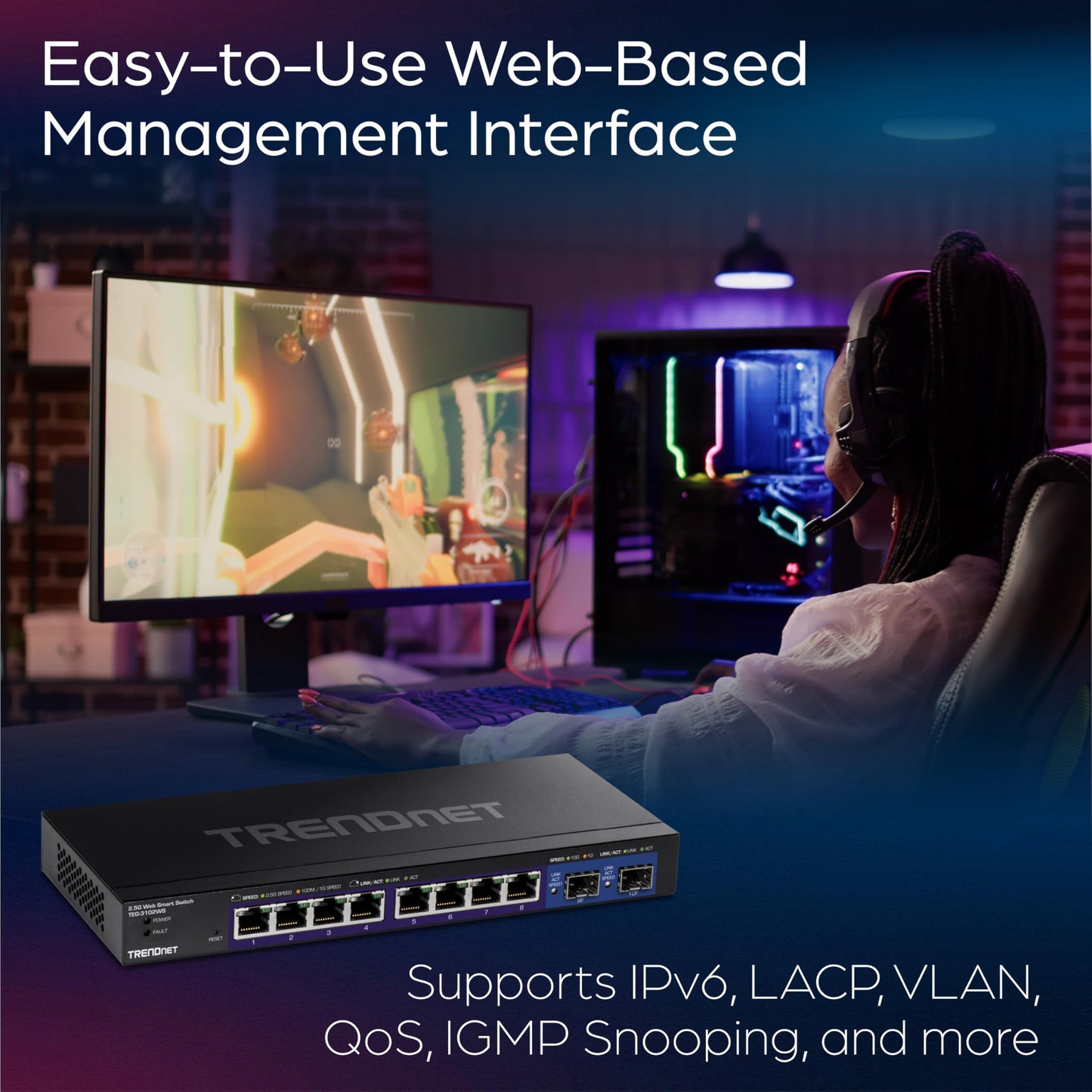 TRENDnet 10-Port Multi-Gig Web Smart Switch, TEG-3102WS, 8 x 2.5GBASE-T Ports, 2 x 10G SFP+ Slots, Ethernet Splitter, Metal Housing, NDAA & TAA