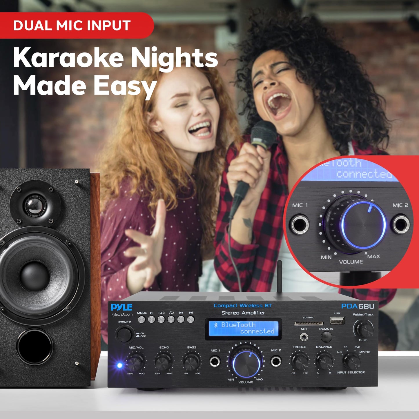Pyle Wireless Bluetooth Power Amplifier System- 200W Dual Channel Sound Audio Stereo Receiver w/ USB, SD, AUX, MIC in w/ Echo, Radio, LCD, for Home