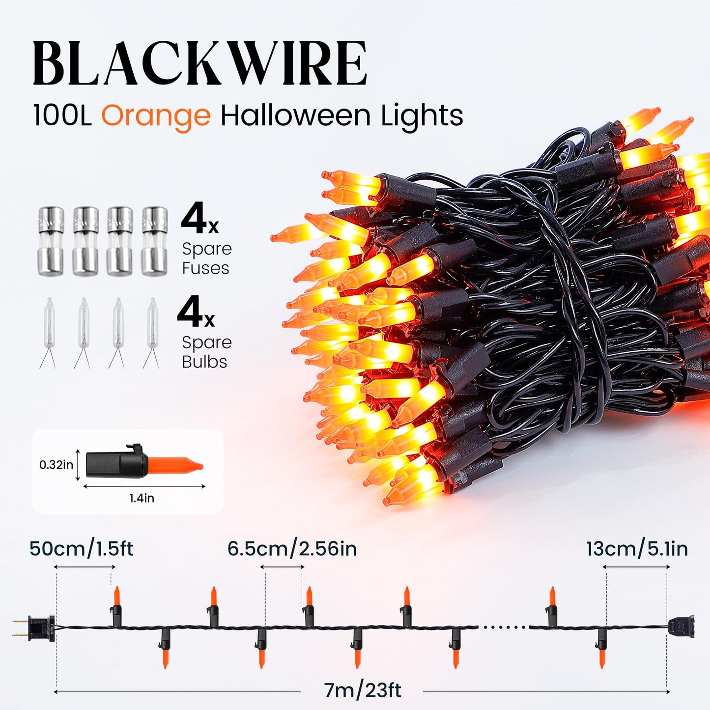 woohaha Outdoor Halloween Lights(23 Feet,100 Count)-Incandescent Orange Christmas Lights with Black Wire,Mini Orange String Lights Connectable