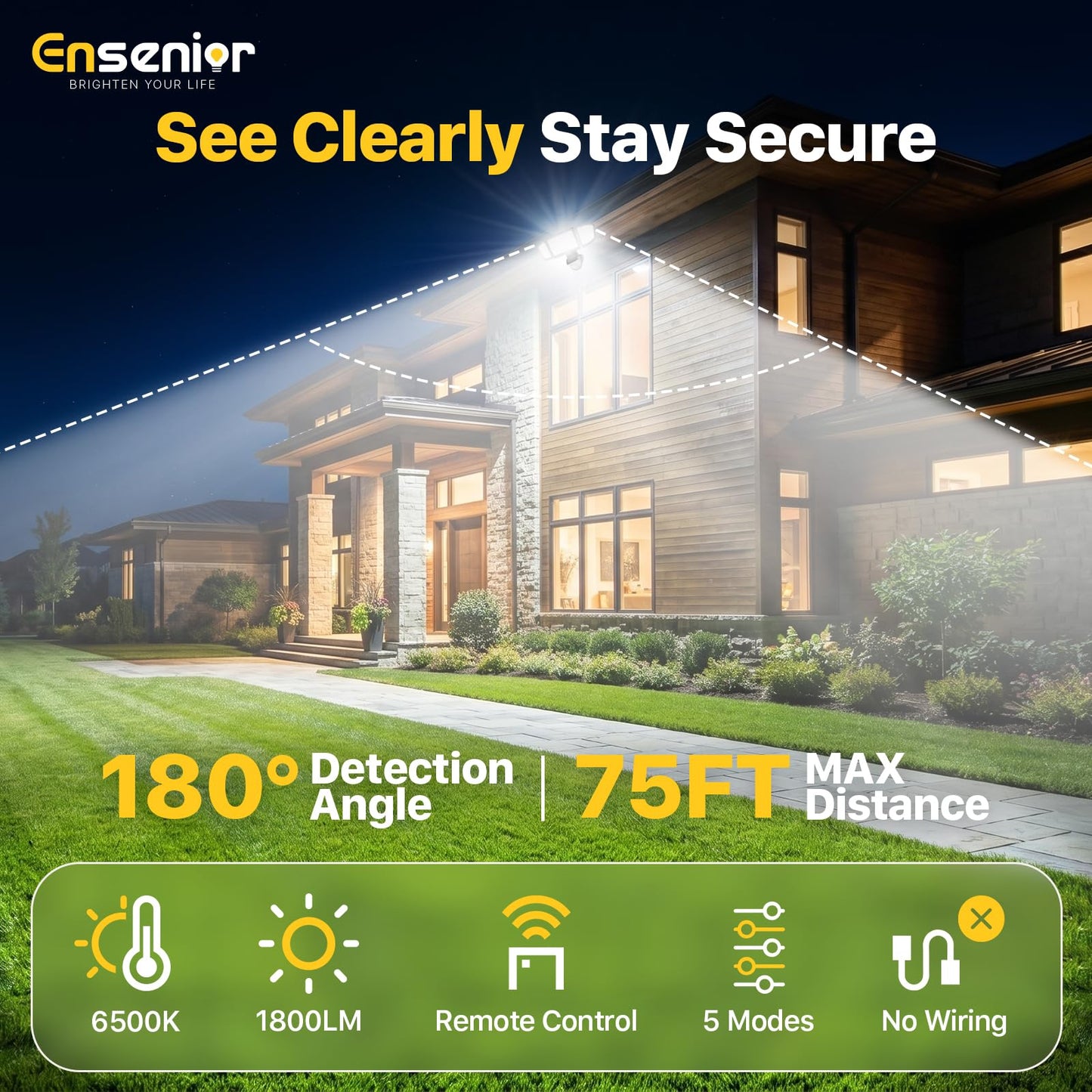 Ensenior Solar Security Lights, Wide Beam Flood Light 6500K Super Bright for Driveway Backyard Garden, Remote Control Motion Lights, Weather-Resistant