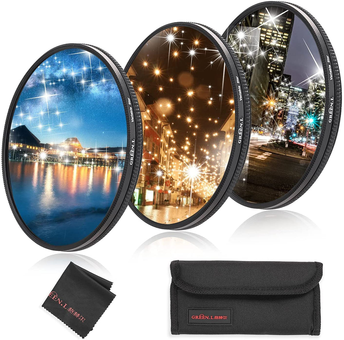 GREEN.L 37mm Variable Star Filter 468 Cross Screen Starburst - Rotatable Star Filter Kit with 3 Filters for Portraits Cityscapes Lights - Includes