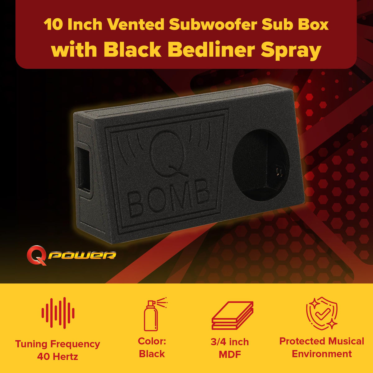 QPower QBomb Single 10" Vented Car Audio Subwoofer Box, 1.17 Cu Ft Airspace